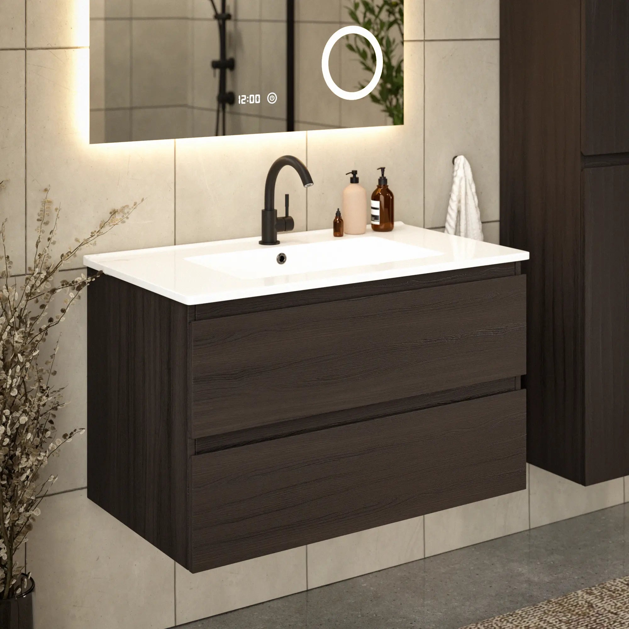 Badkamermeubel Luma - 80 cm - Walnoot hout  - Witte wastafel - PRE-ORDER