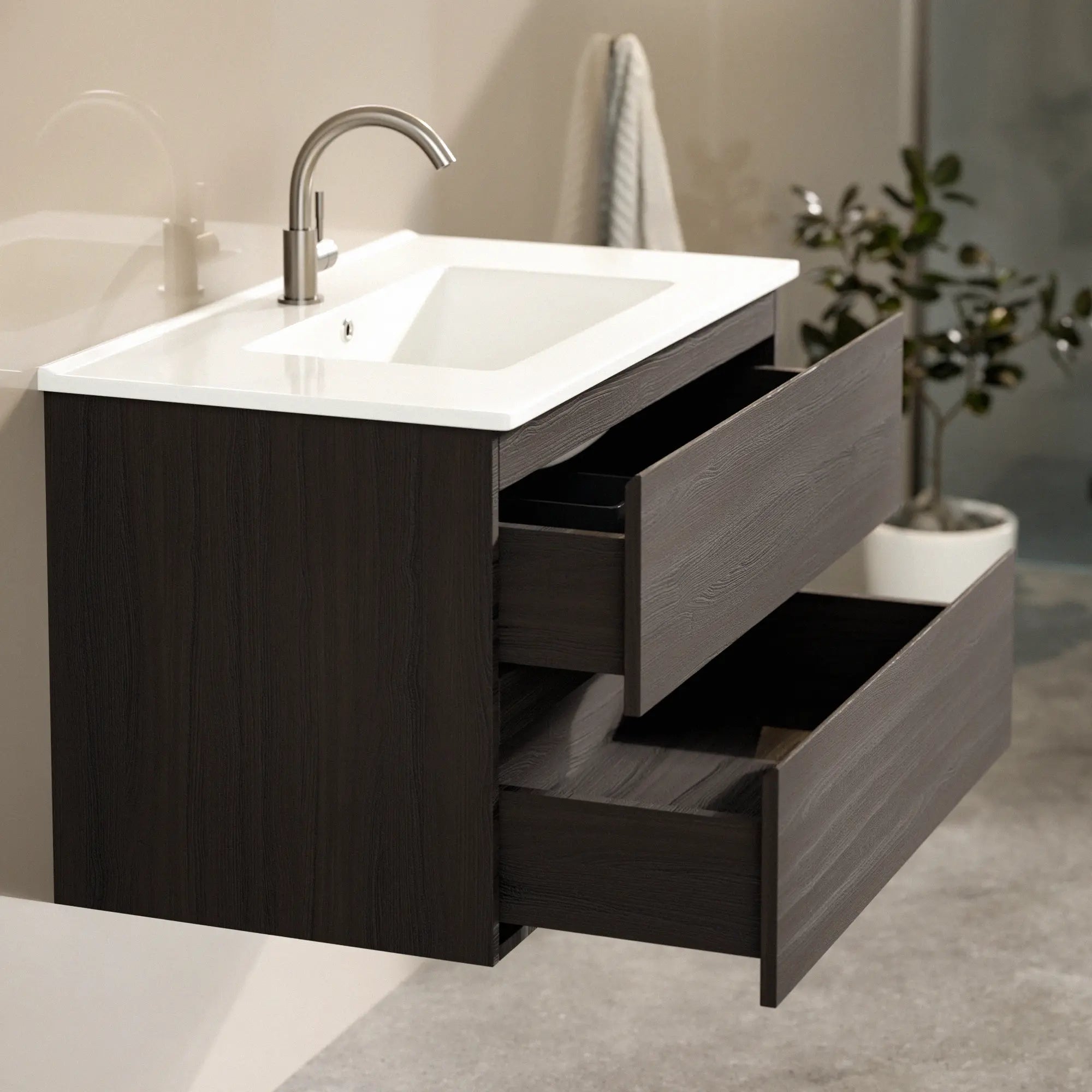 Badkamermeubel Luma - 80 cm - Walnoot hout  - Witte wastafel - PRE-ORDER
