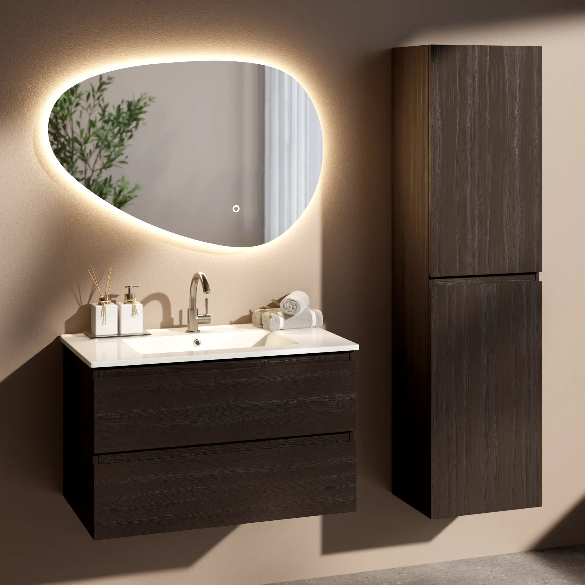 Badkamermeubel Luma - 80 cm - Walnoot hout  - Witte wastafel - PRE-ORDER