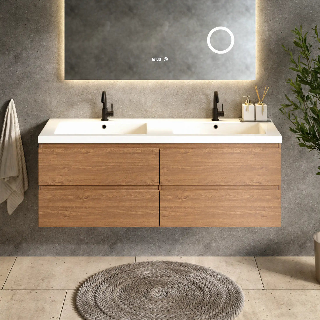 Badkamermeubel Arato - 140cm - 2 Kraangaten - Warm Eiken - Wastafel Wit
