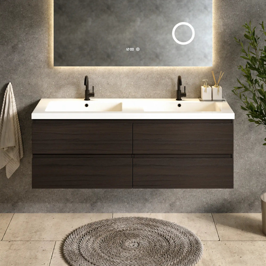 Badkamermeubel Arato - 140cm - 2 Kraangaten - Walnoot - Wastafel Wit