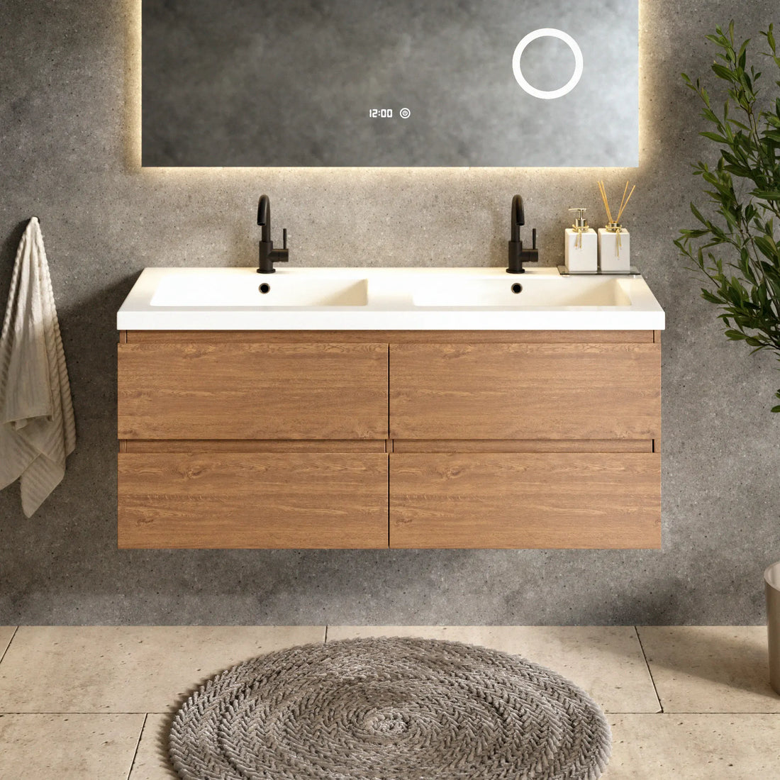 Badkamermeubel Asora - 120cm - 2 Kraangaten - Warm Eiken - Wastafel Wit