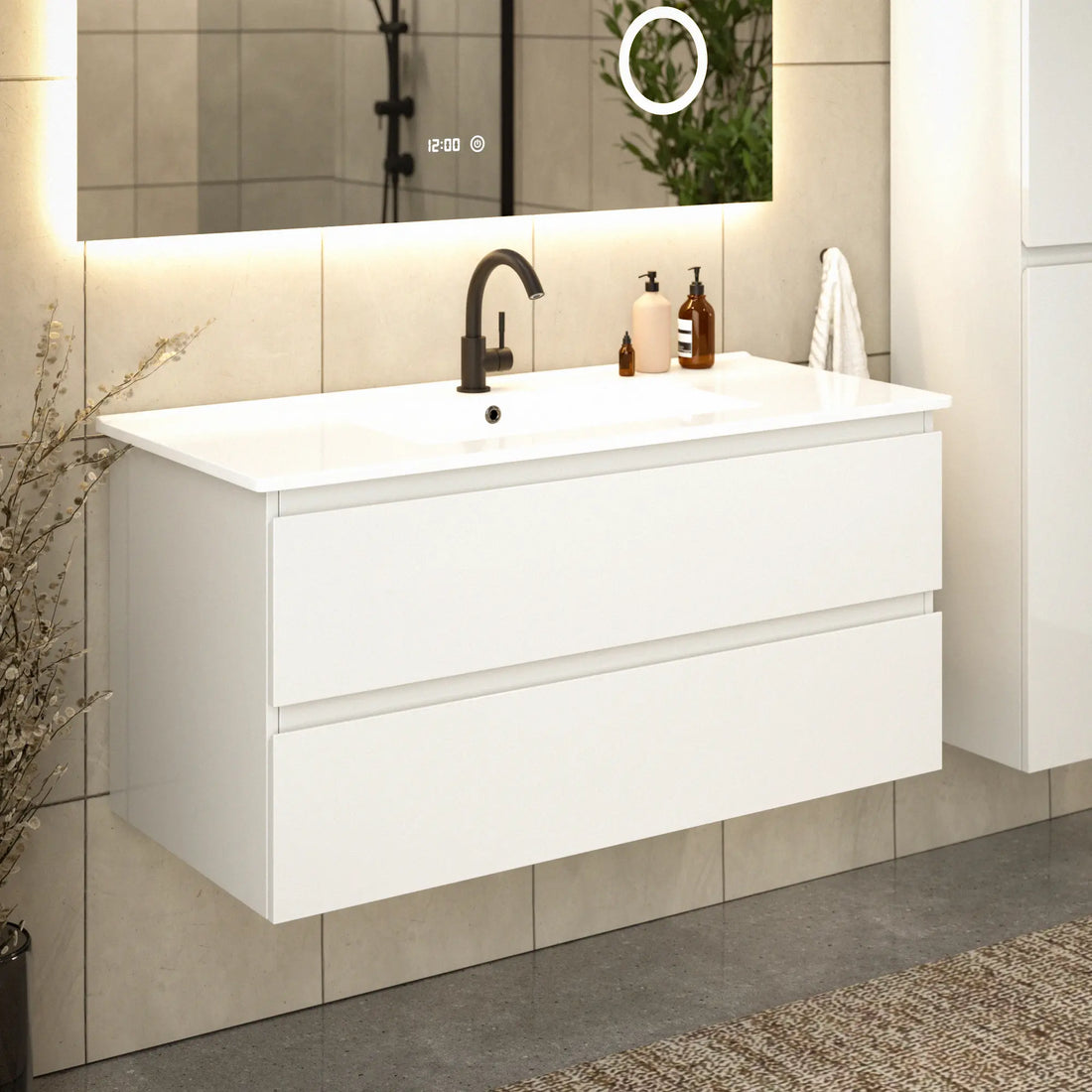Badkamermeubel Varo - 100 cm - Glanzend wit - Witte wastafel