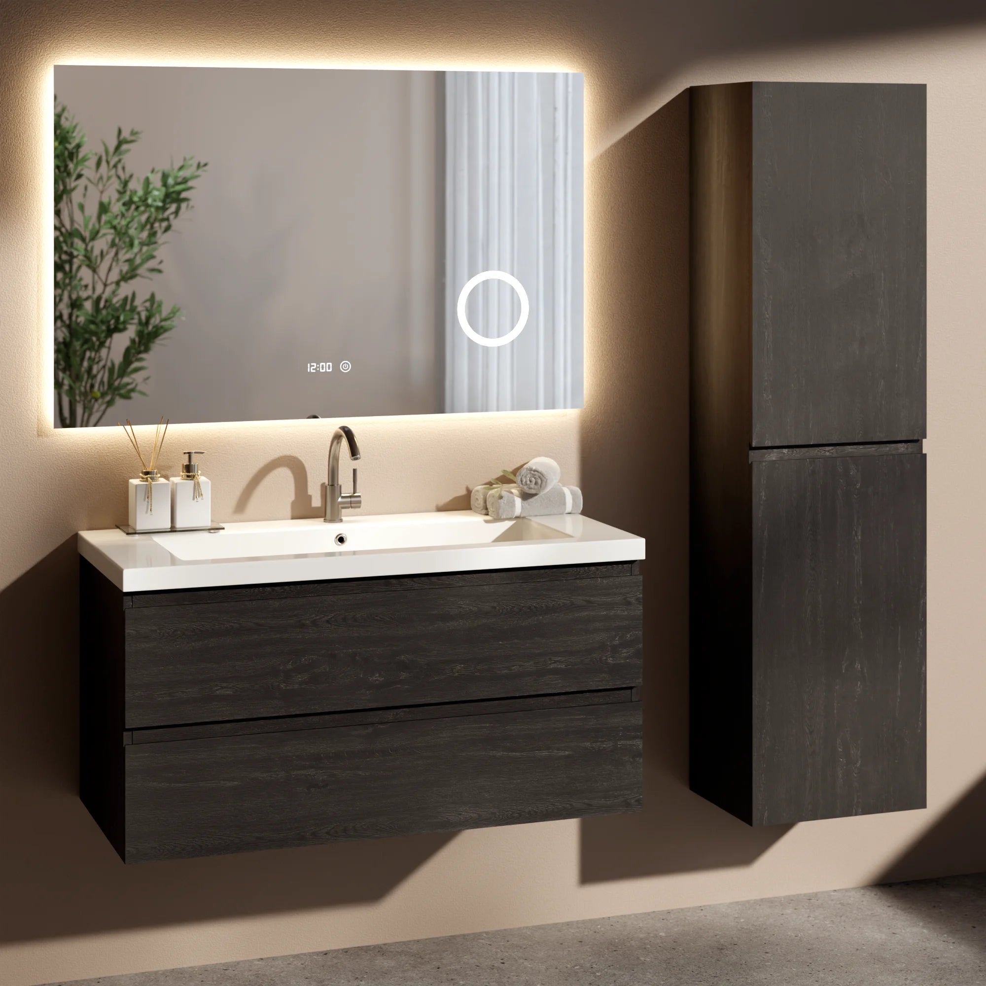 Badkamermeubel set Montero 100cm - Zwart Eiken - Wastafel Wit - PRE-ORDER