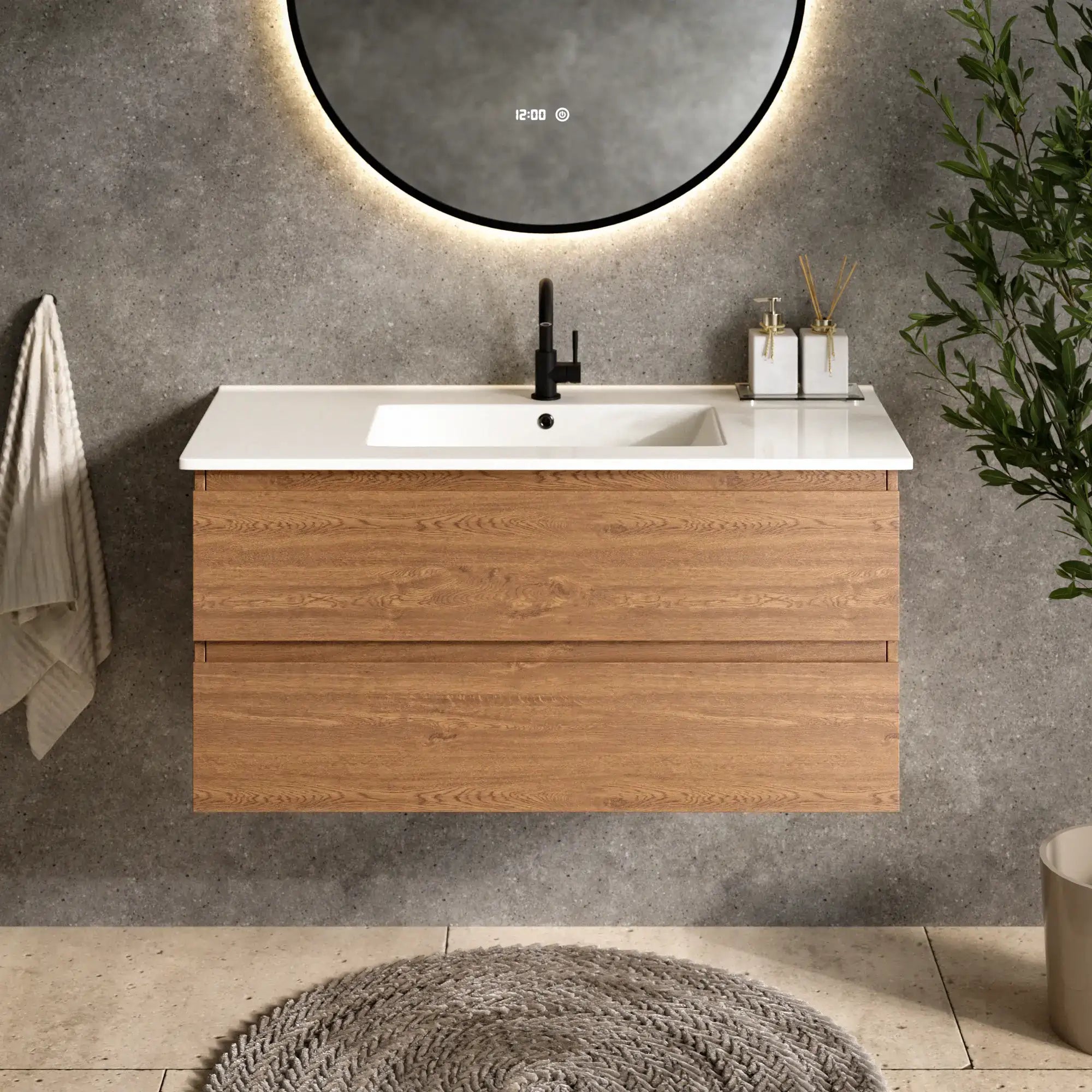 Badkamermeubel Varo - 100 cm - Warm Eiken - Witte wastafel - PRE-ORDER