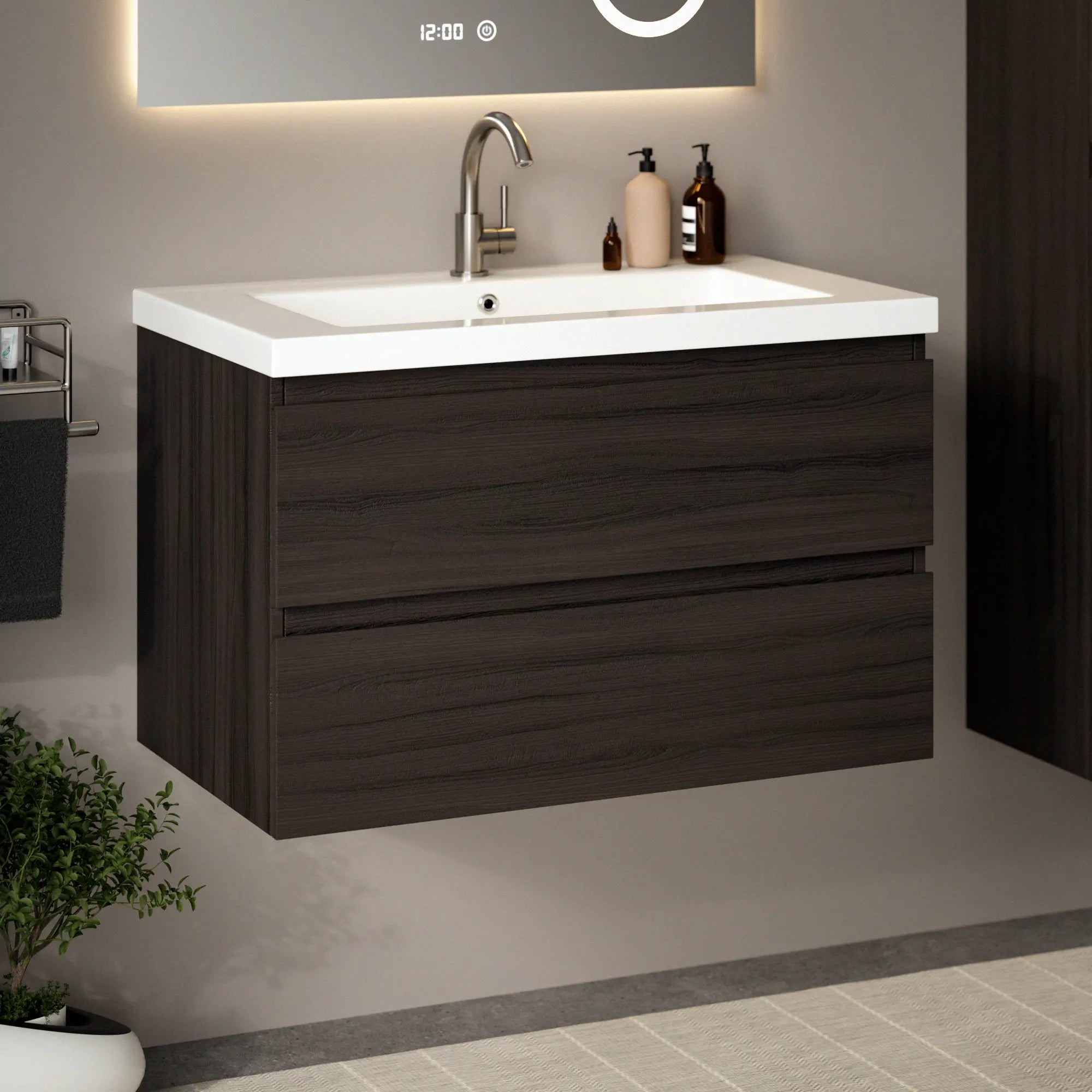 Badkamermeubel Sova - 80cm - Walnoot hout - Wastafel Wit - PRE-ORDER