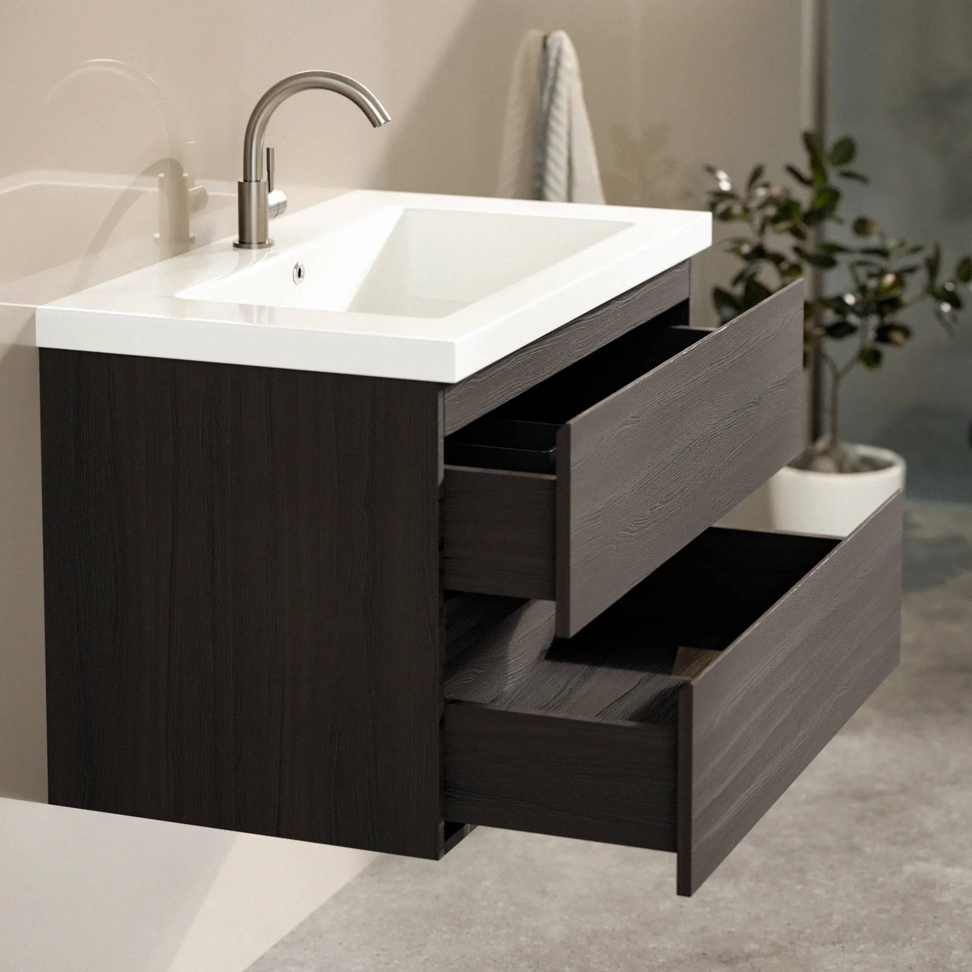 Badkamermeubel Sova - 80cm - Walnoot hout - Wastafel Wit - PRE-ORDER