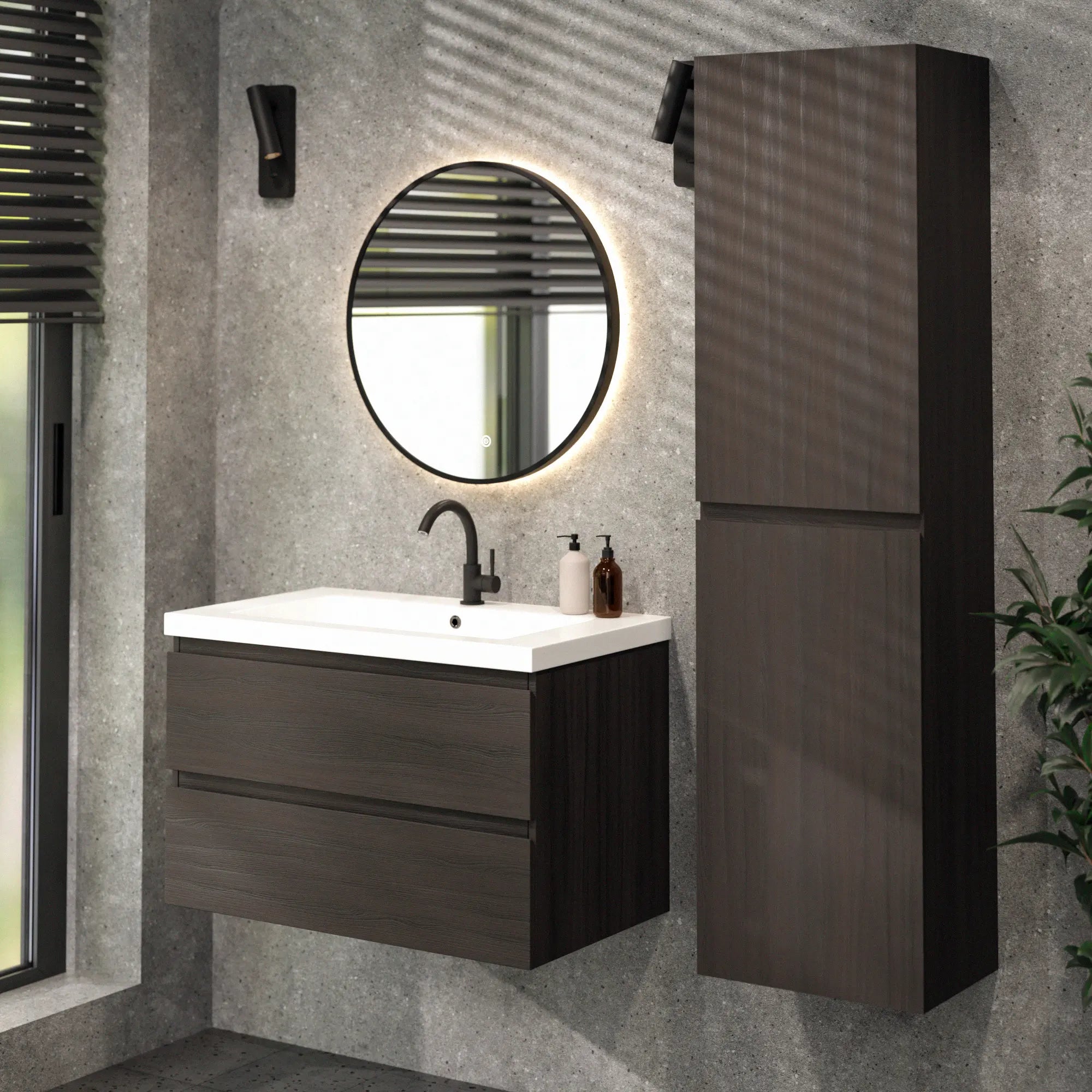Badkamermeubel Sova - 80cm - Walnoot hout - Wastafel Wit - PRE-ORDER