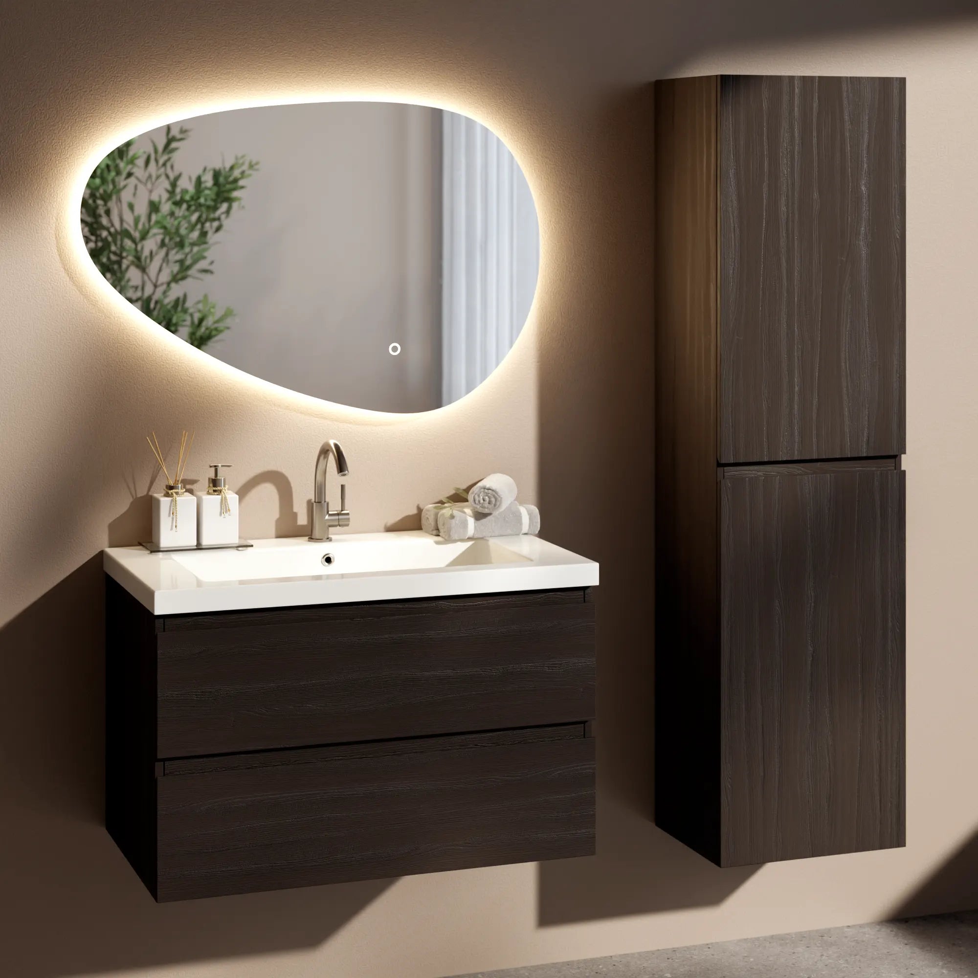 Badkamermeubel Sova - 80cm - Walnoot hout - Wastafel Wit - PRE-ORDER