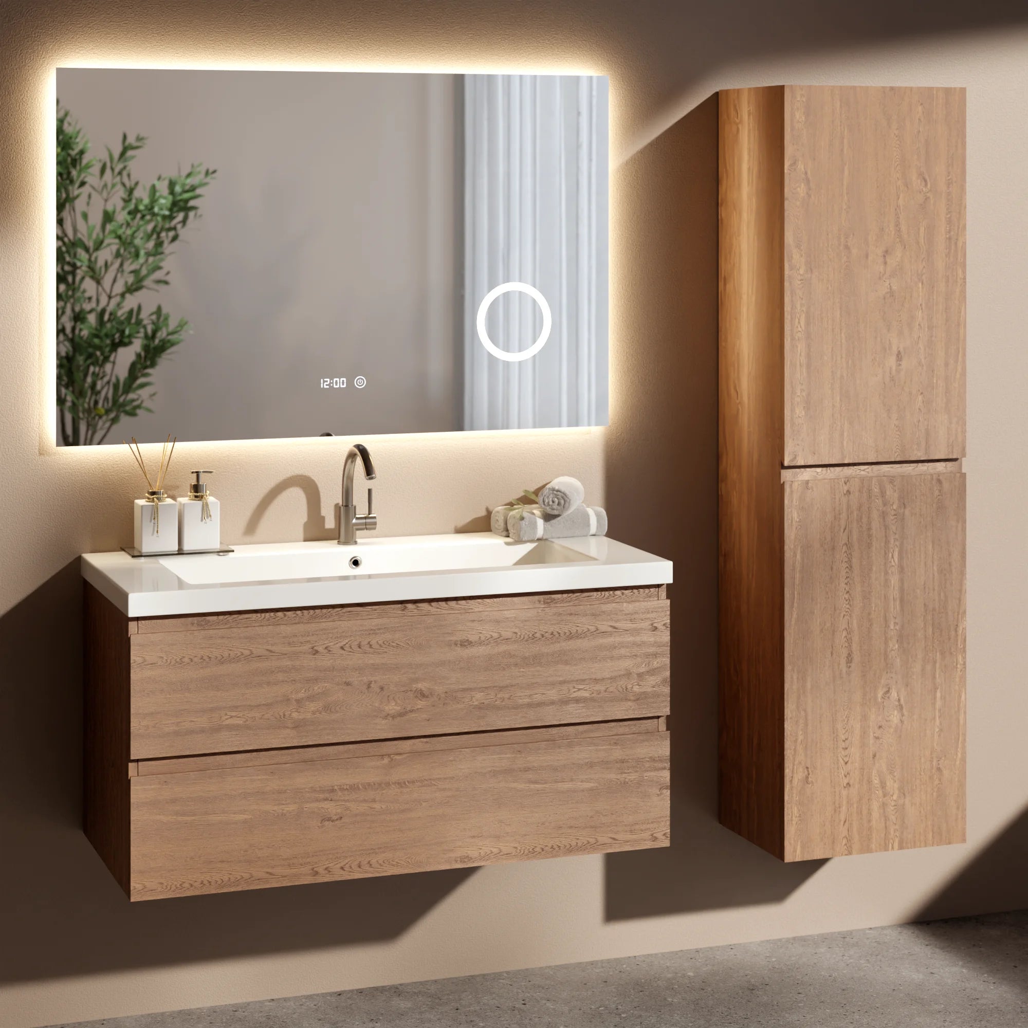 Badkamermeubel set Valento - 100cm - Warm Eiken - Wastafel Wit