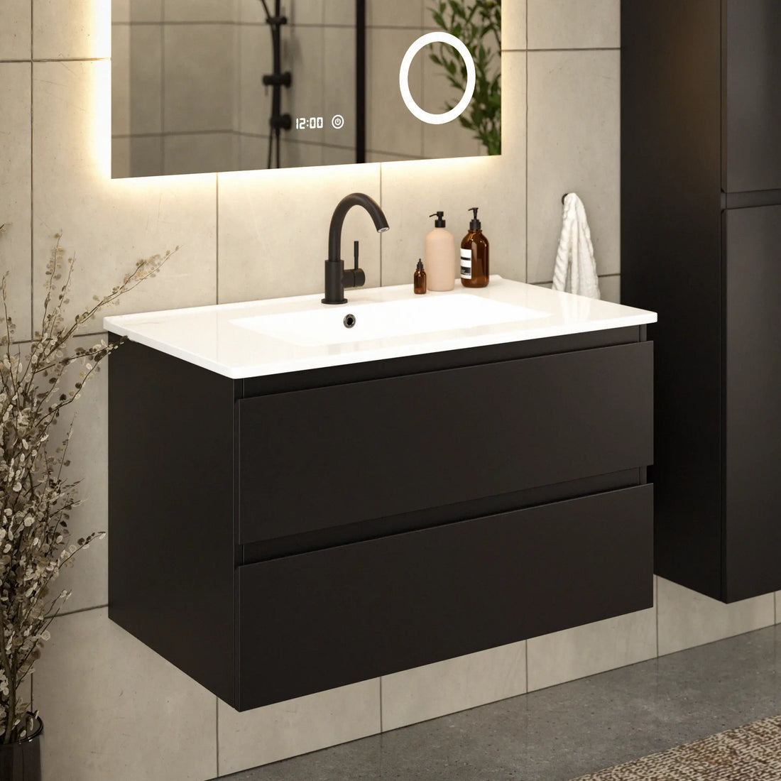Badkamermeubel Luma - 80 cm - Zwart - Witte wastafel