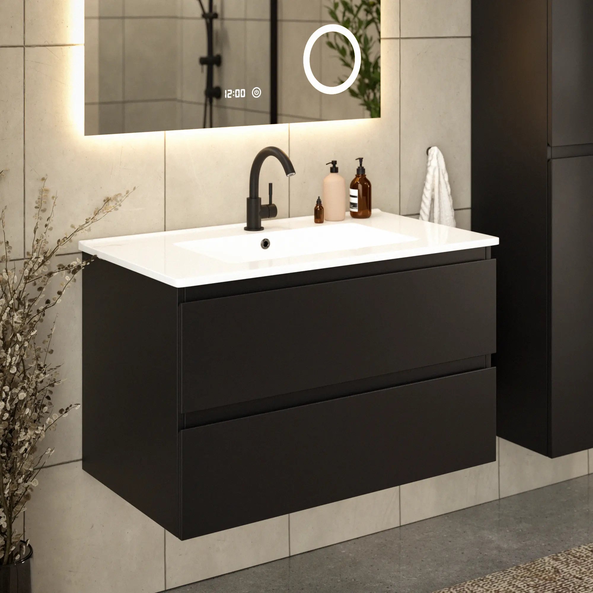 Badkamermeubel Luma - 80 cm - Zwart - Witte wastafel - PRE-ORDER