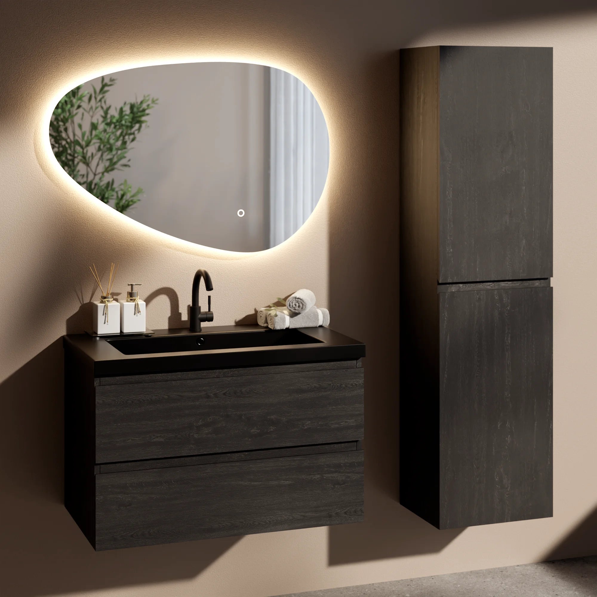 Badkamermeubel set Imperial - 80cm - Zwart Eiken - Wastafel Zwart - PRE-ORDER