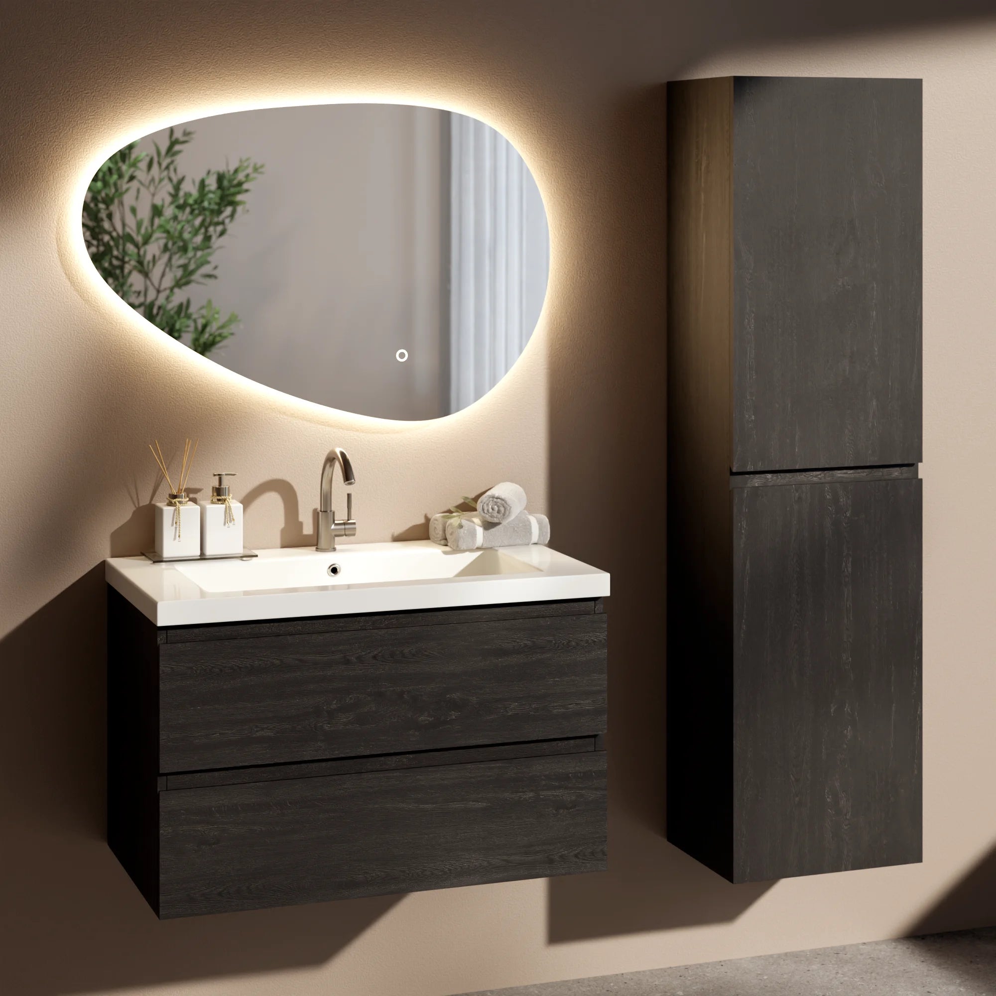 Badkamermeubel set Montero - 80cm - Zwart Eiken - Wastafel Wit