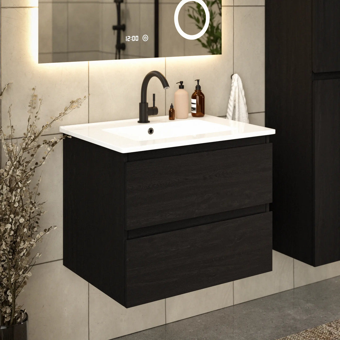 Badkamermeubel Norvi - 60 cm - Zwart Eiken - Witte wastafel