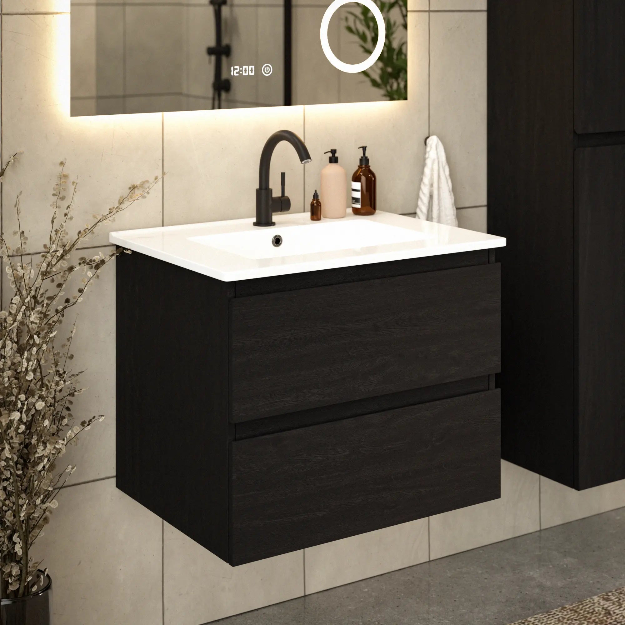 Badkamermeubel Norvi - 60 cm - Zwart Eiken - Witte wastafel - PRE-ORDER