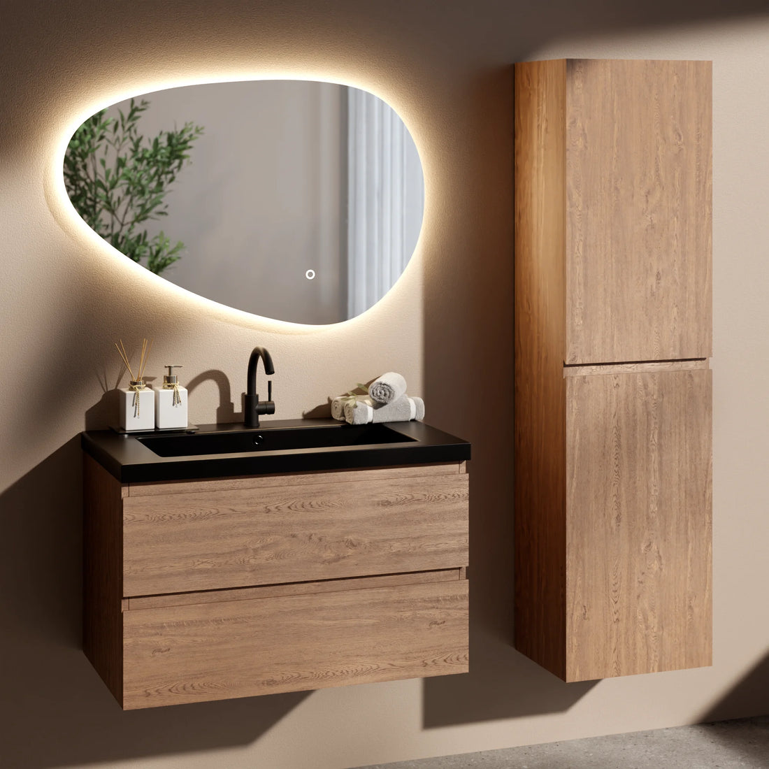 Badkamermeubelset Verona - 80 cm - Warm Eiken - Wastafel Zwart