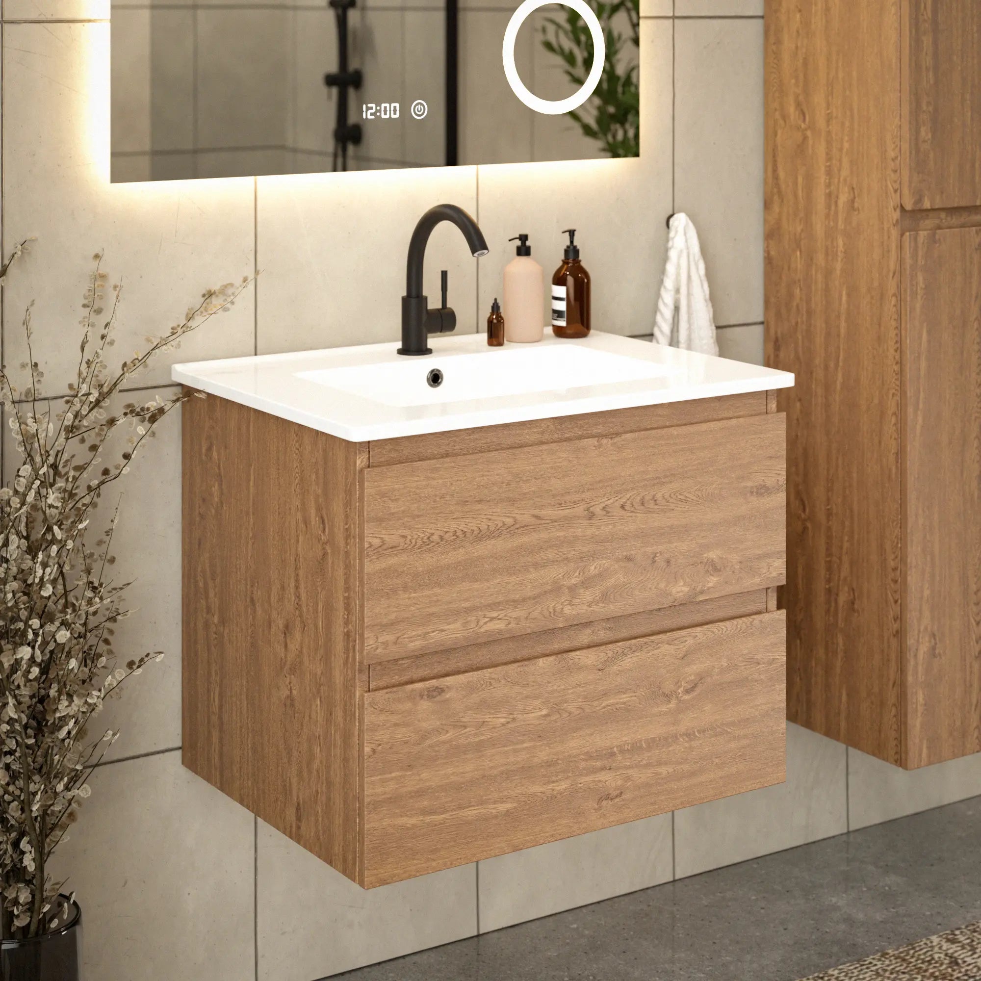 Badkamermeubel Norvi - 60 cm - Warm Eiken - Witte wastafel - PRE-ORDER