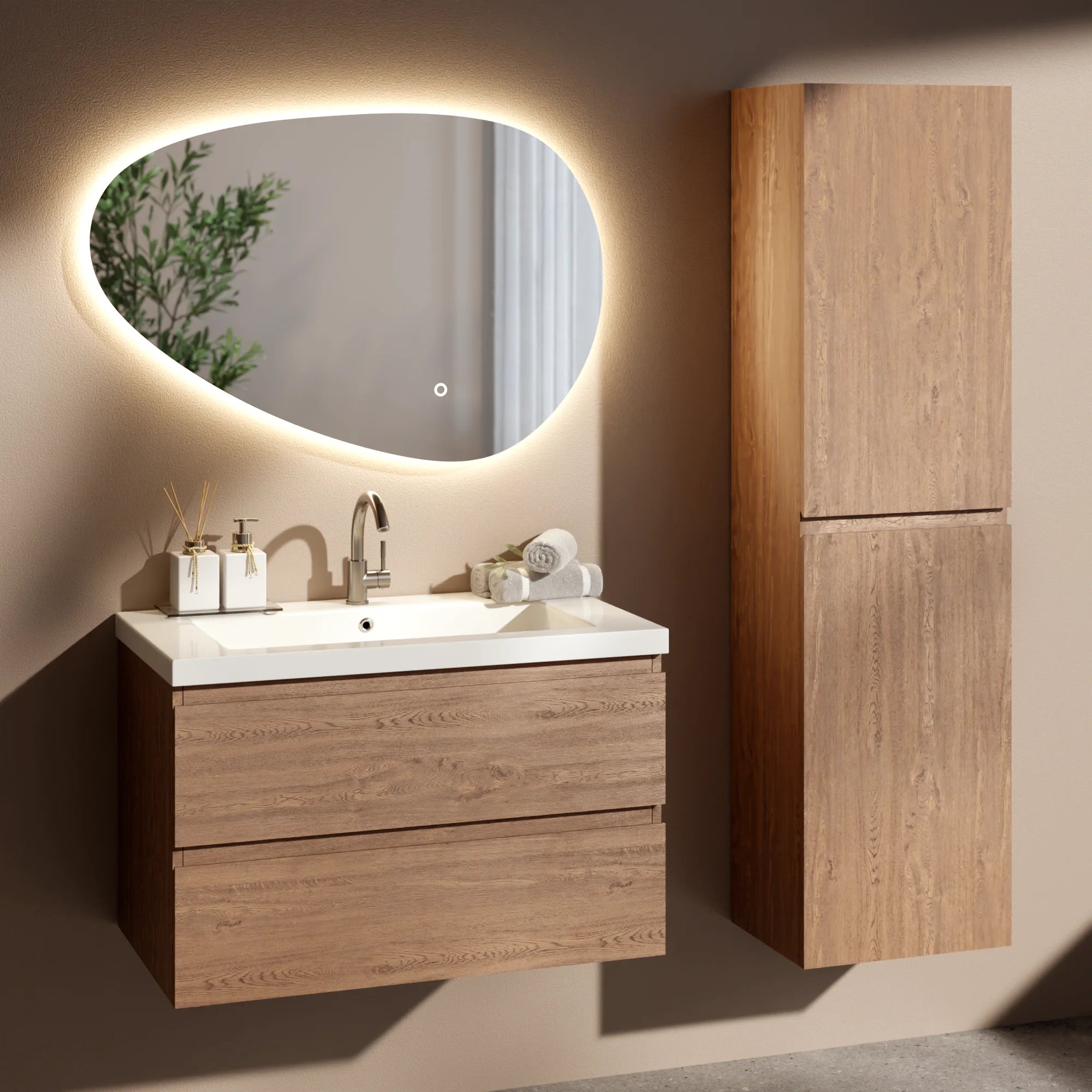 Badkamermeubel set Valento - 80cm - Warm Eiken - Wastafel Wit