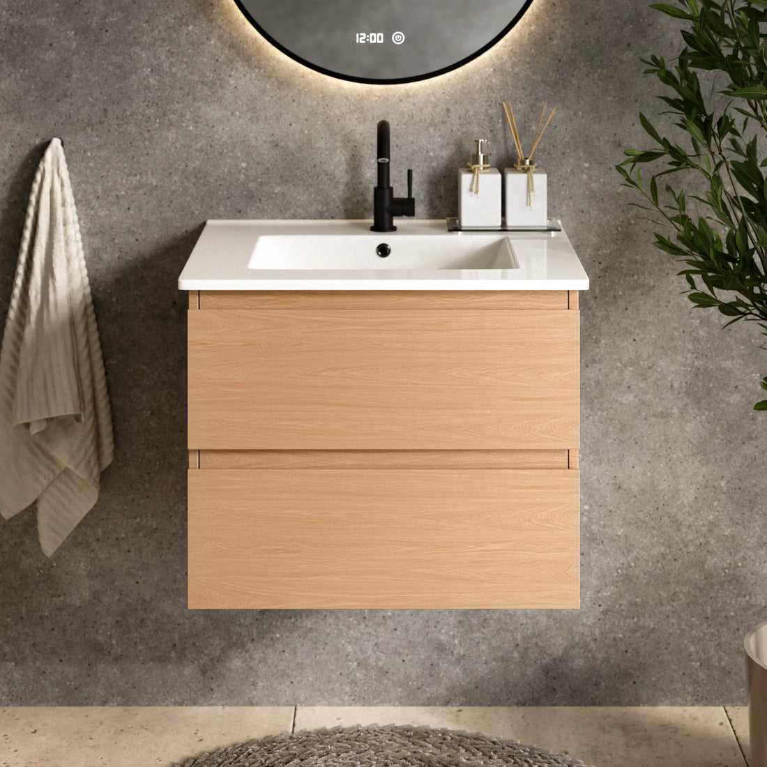 Badkamermeubel Norvi - 60 cm - Licht Eiken - Witte wastafel