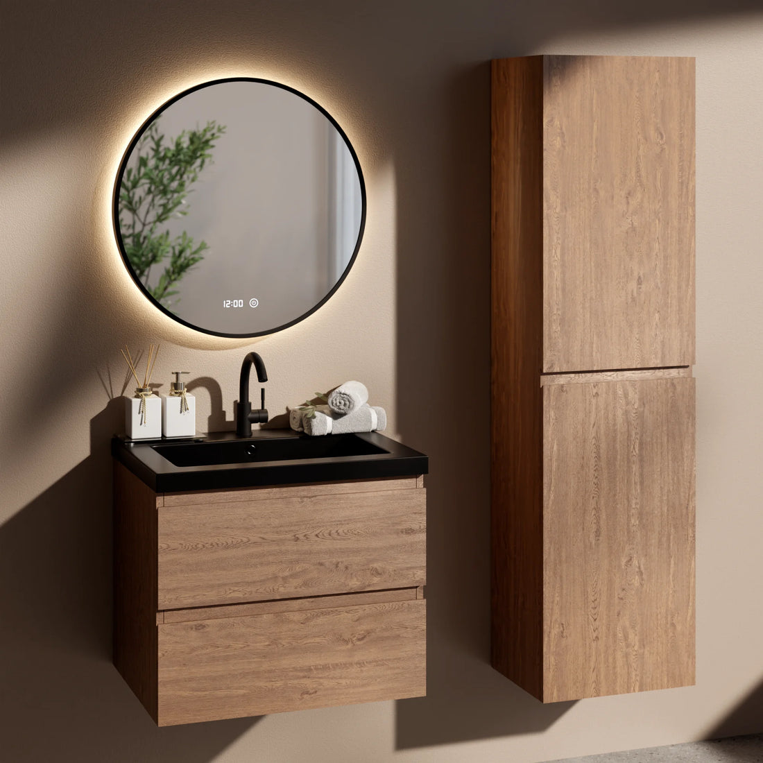 Badkamermeubelset Verona - 60cm- Warm Eiken - Wastafel Zwart