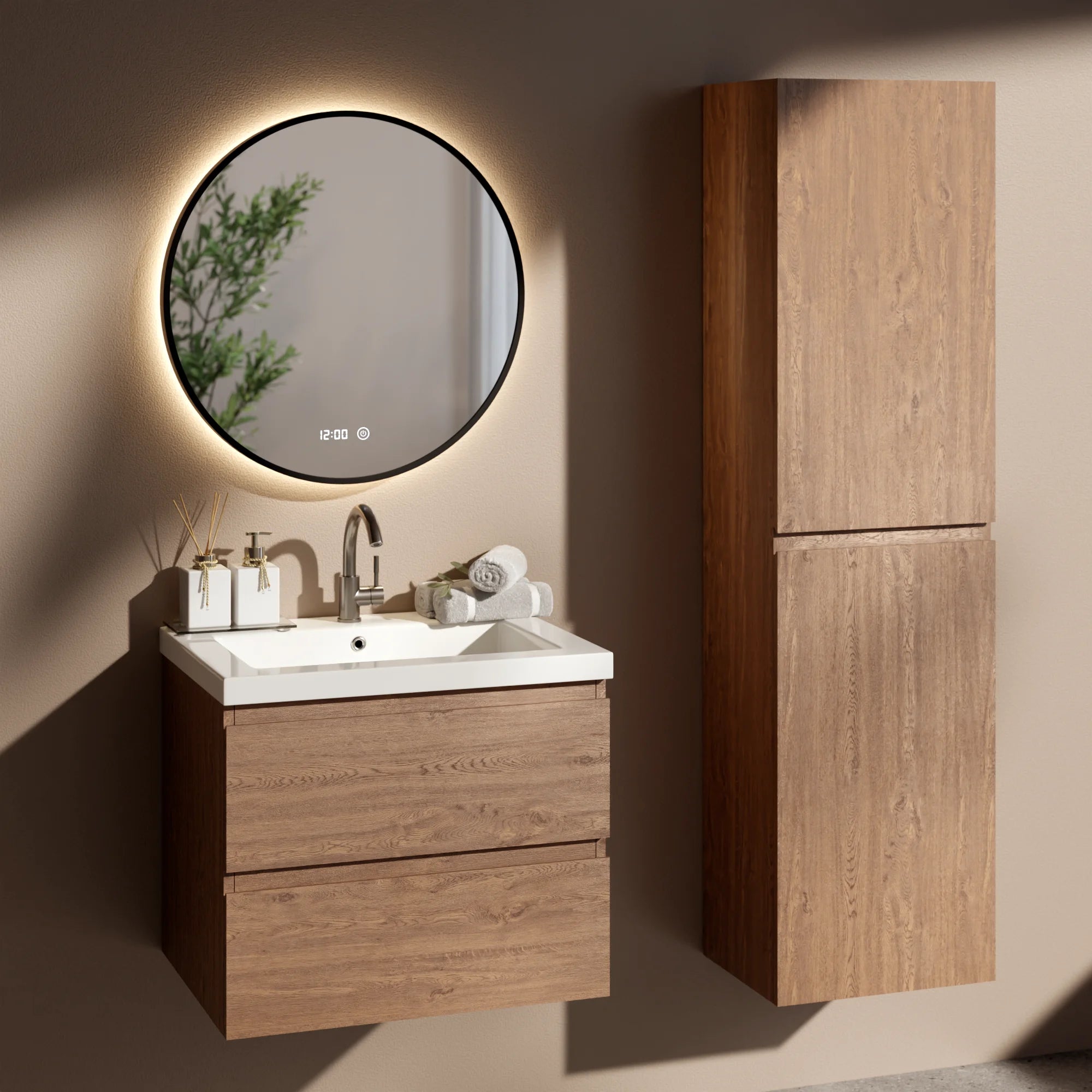 Badkamermeubel set Valento - 60cm - Warm Eiken - Wastafel Wit