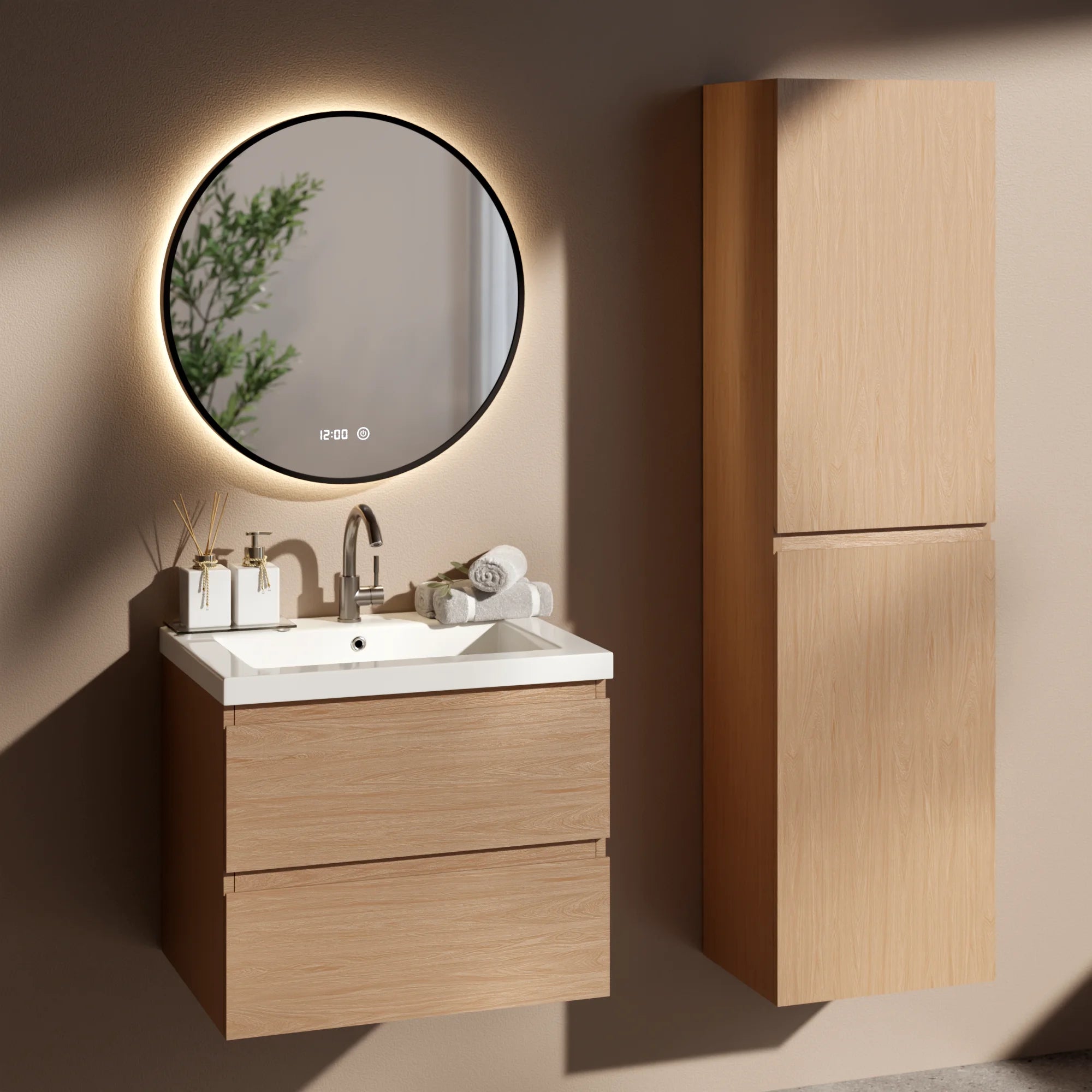 Badkamermeubel set Amara - 60cm - Licht Eiken - Wastafel Wit