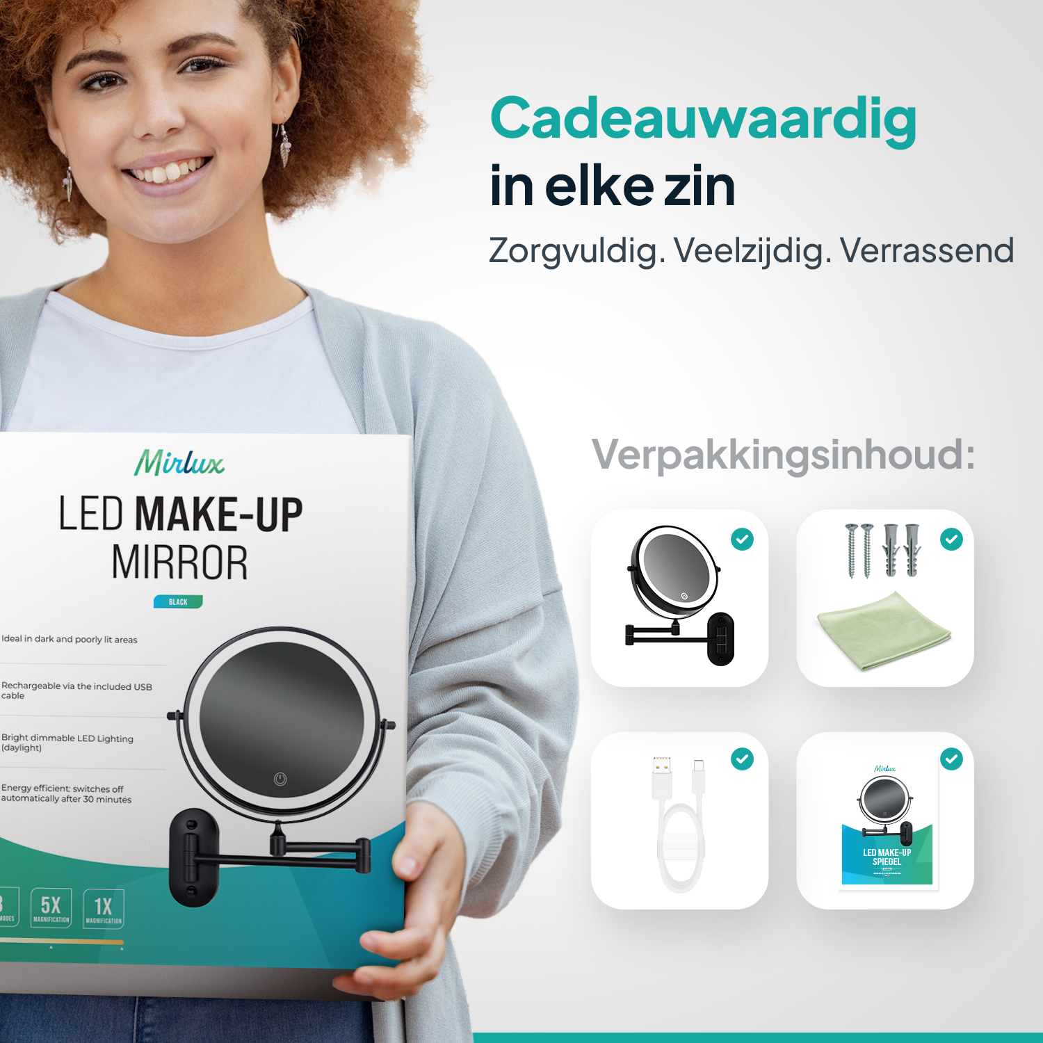 Make-Up Spiegel - Oplaadbaar - Zwart - 1-5x Vergroting
