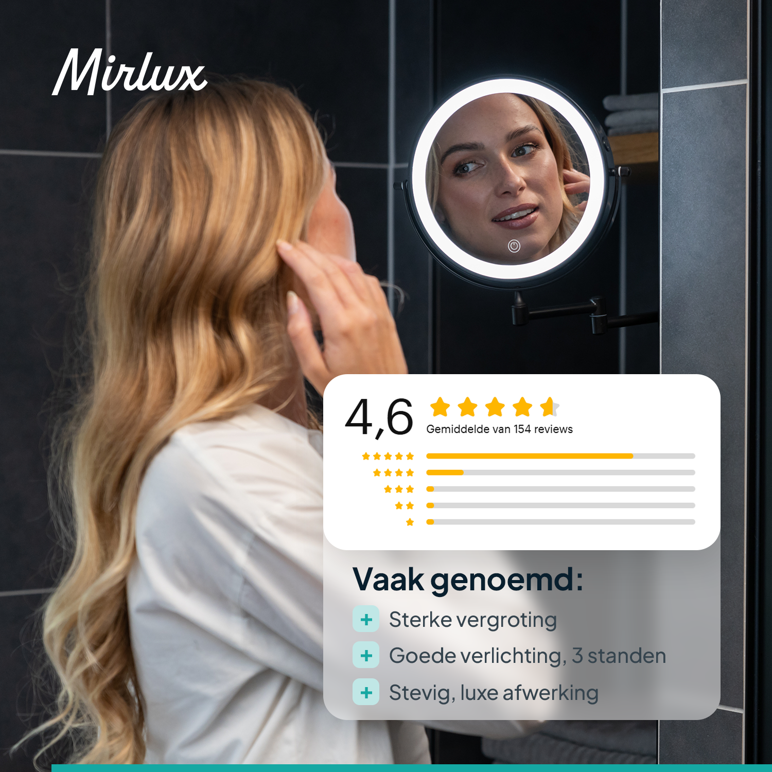 Make-Up Spiegel - Oplaadbaar - Zwart - 1-5x Vergroting