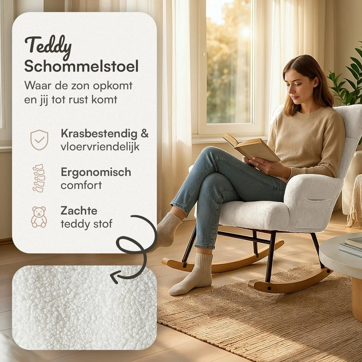 Schommelstoel Teddy Wit - Voedingsstoel Stoel Babykamer - Fauteuil met Armleuning Design