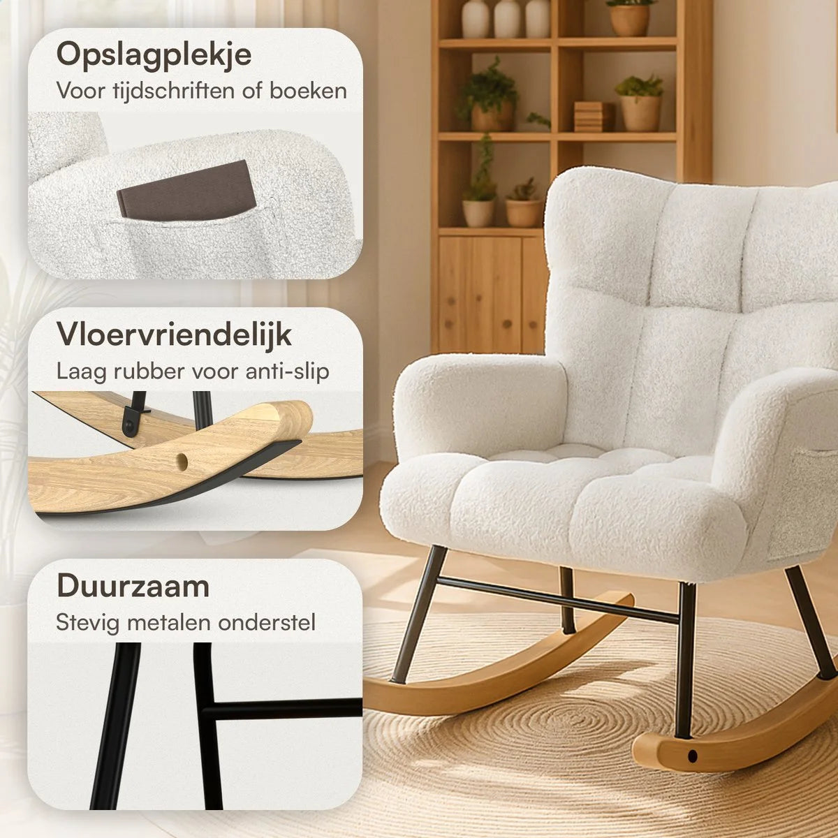 Schommelstoel Teddy Wit - Voedingsstoel Stoel Babykamer - Fauteuil met Armleuning Design