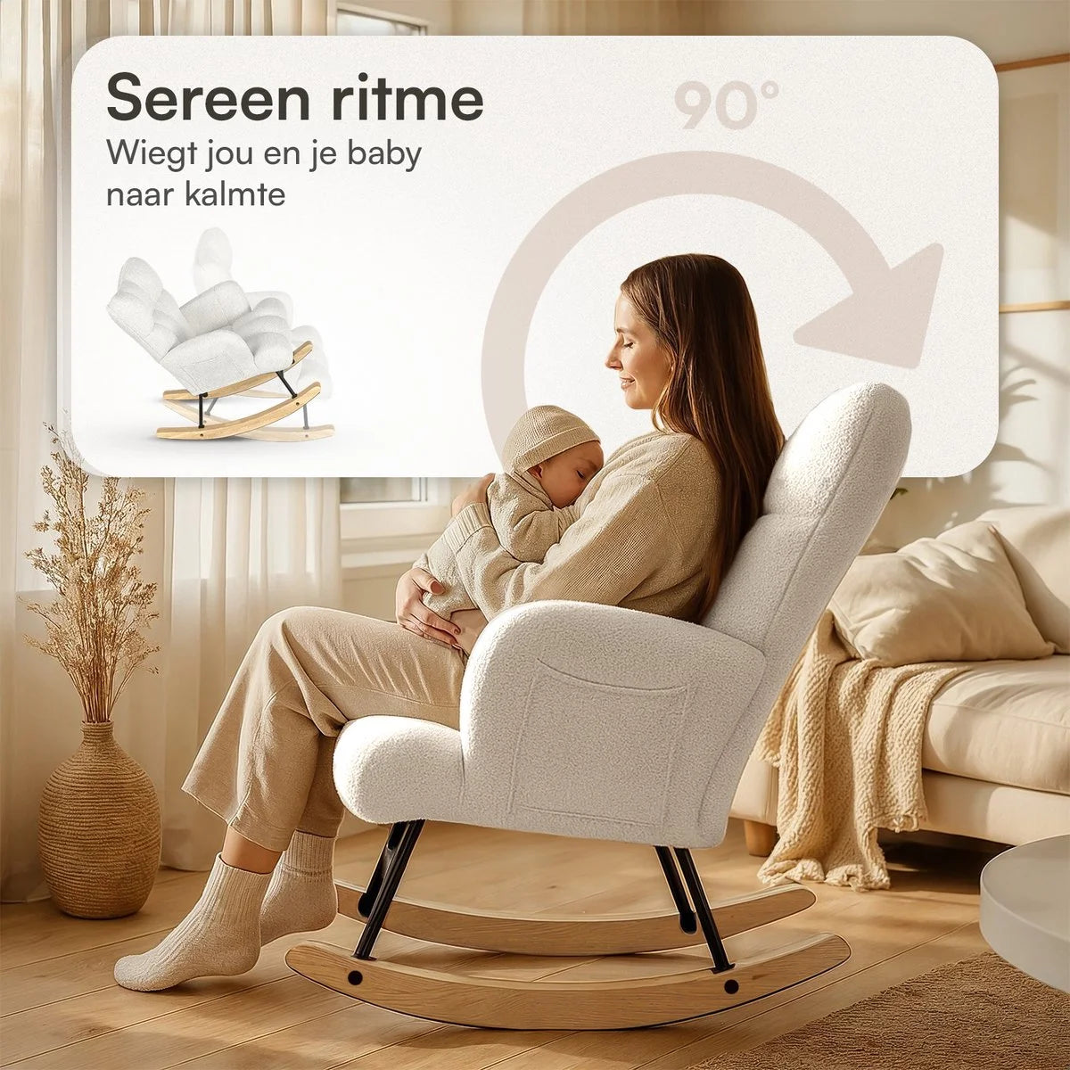 Schommelstoel Teddy Wit - Voedingsstoel Stoel Babykamer - Fauteuil met Armleuning Design