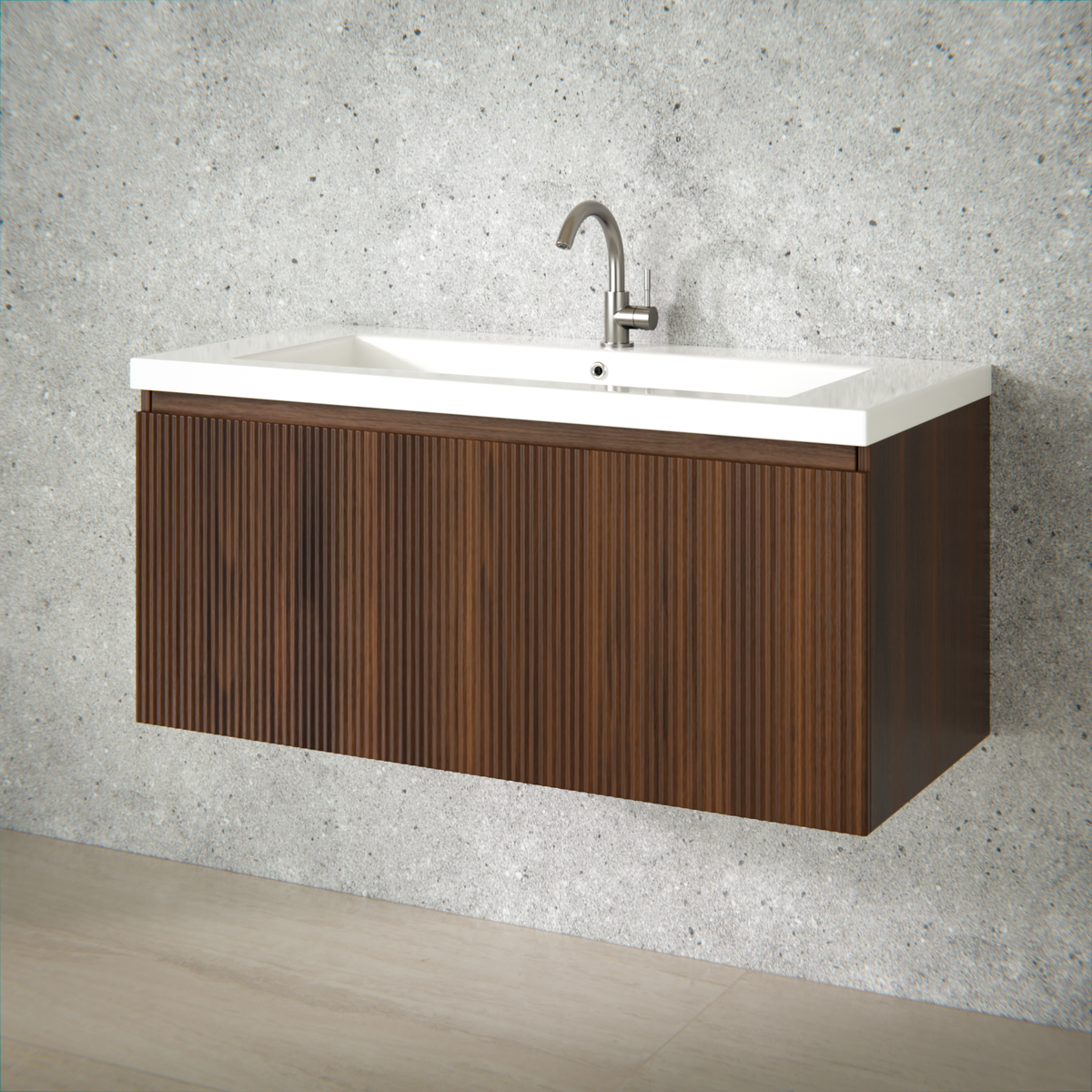 Badkamermeubelset Sena - 100cm - Walnoot - Wastafel Wit
