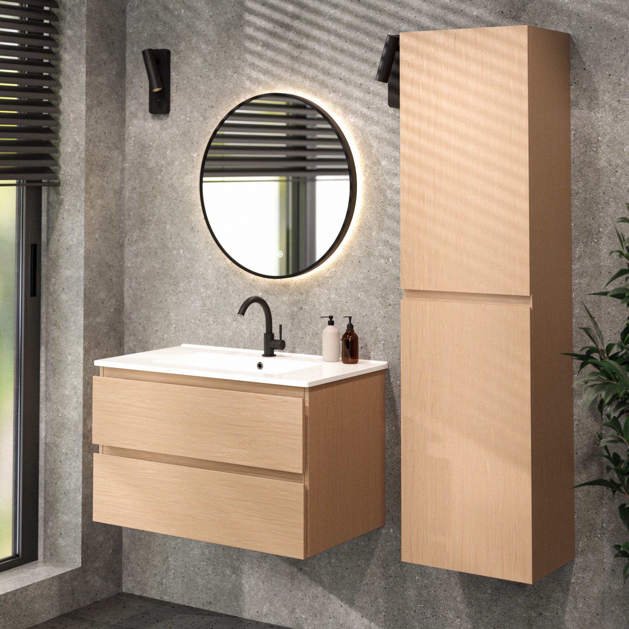 Badkamermeubel set - 80cm - Licht Eiken - Wastafel Wit - PRE-ORDER
