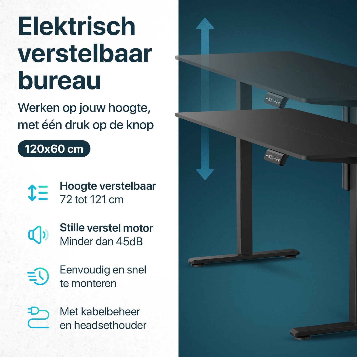 Flowsense Sitz-Steh-Schreibtisch – verstellbarer elektrischer Schreibtisch – 120 x 60 cm