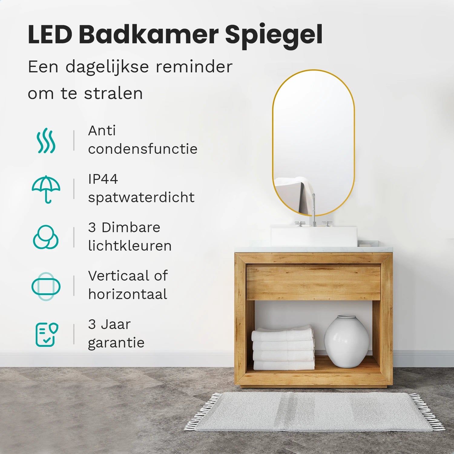 Badkamerspiegel - 90x50cm Ovaal - Goud Frame