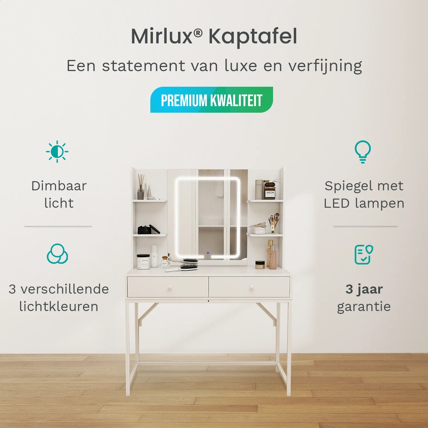 Kaptafel met Spiegel en LED verlichting - 100x40x140cm - Wit