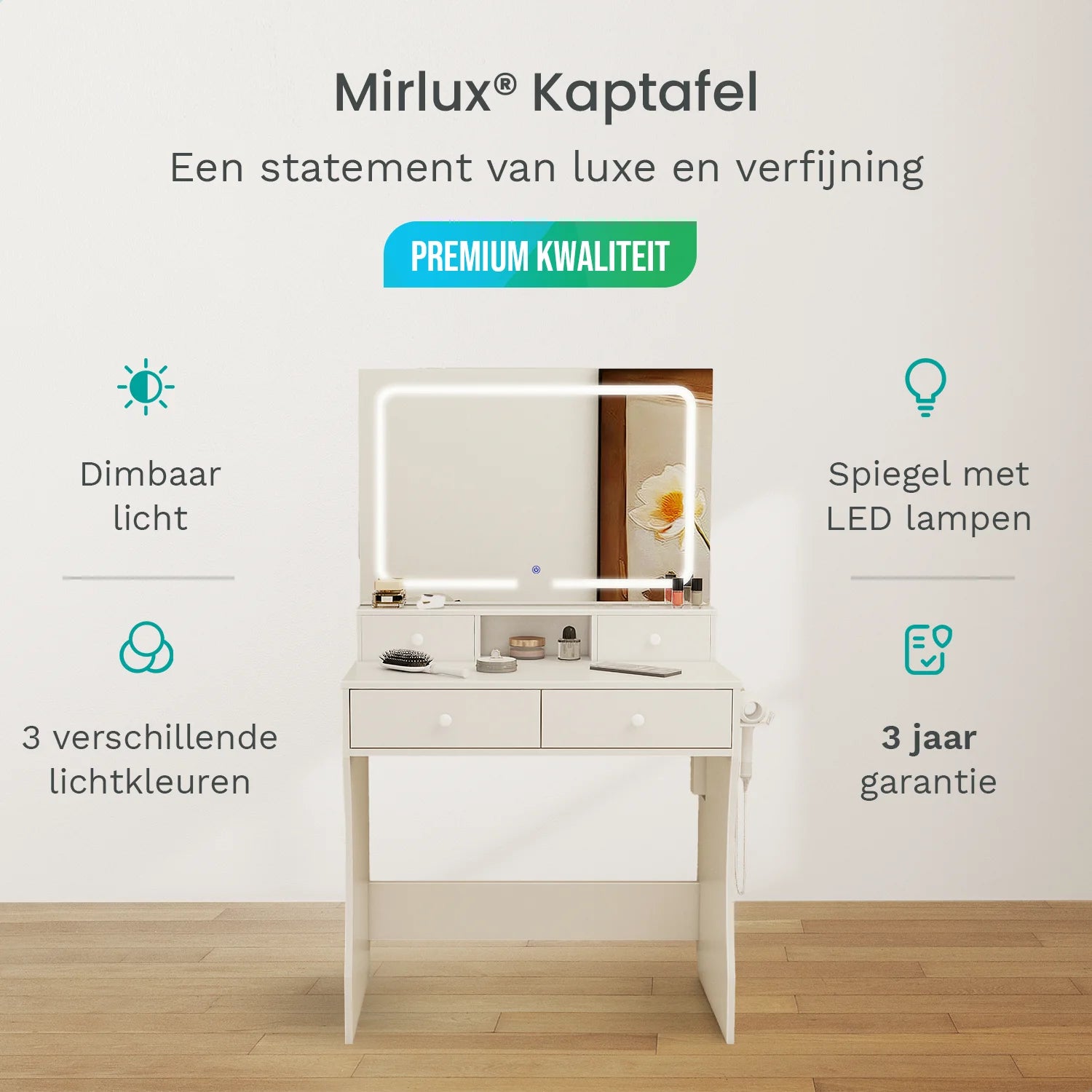 Kaptafel met Spiegel en LED verlichting - 80x40x140cm - Wit - Ingebouwde Stopcontact