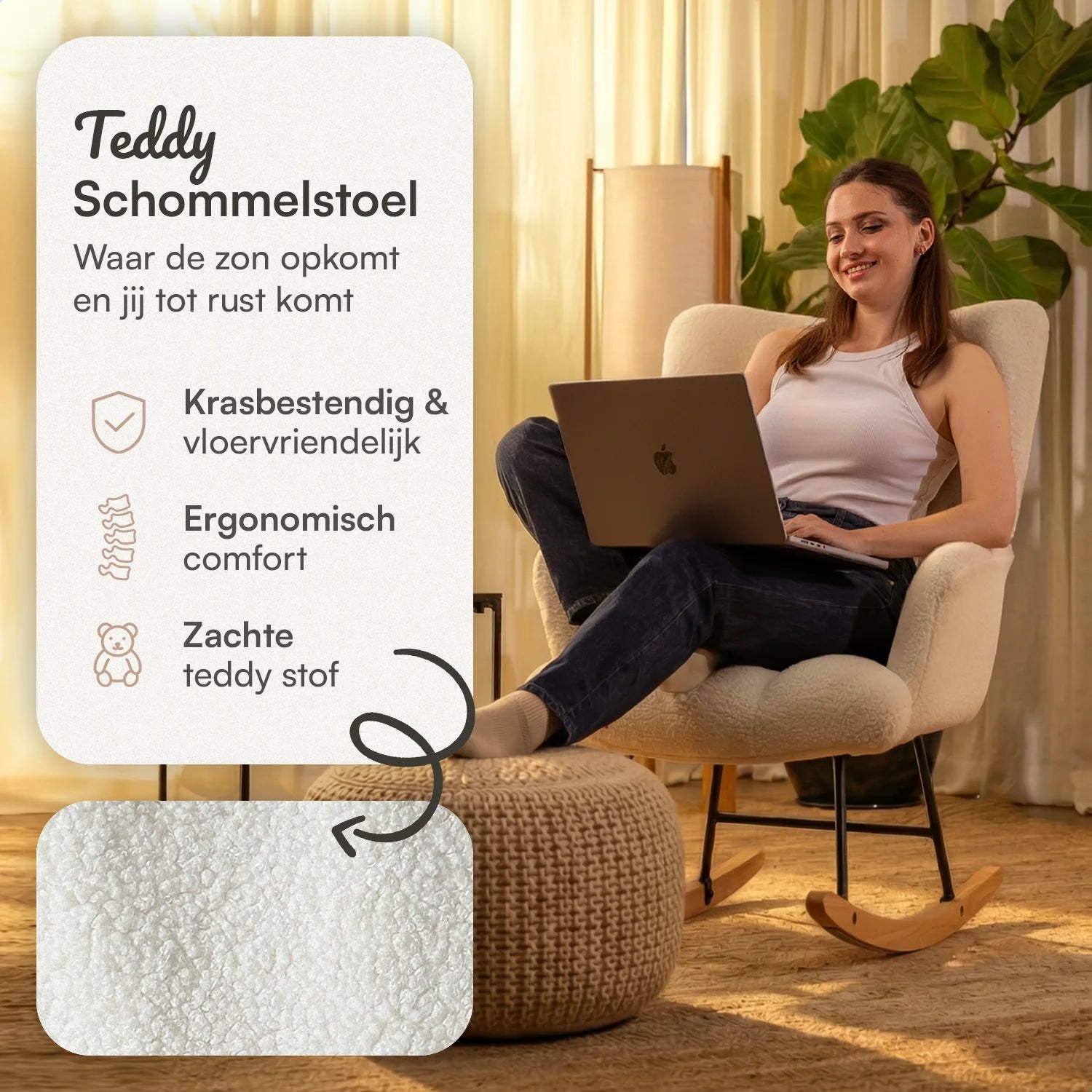 Schommelstoel Teddy Wit - Voedingsstoel Stoel Babykamer - Fauteuil met Armleuning Design