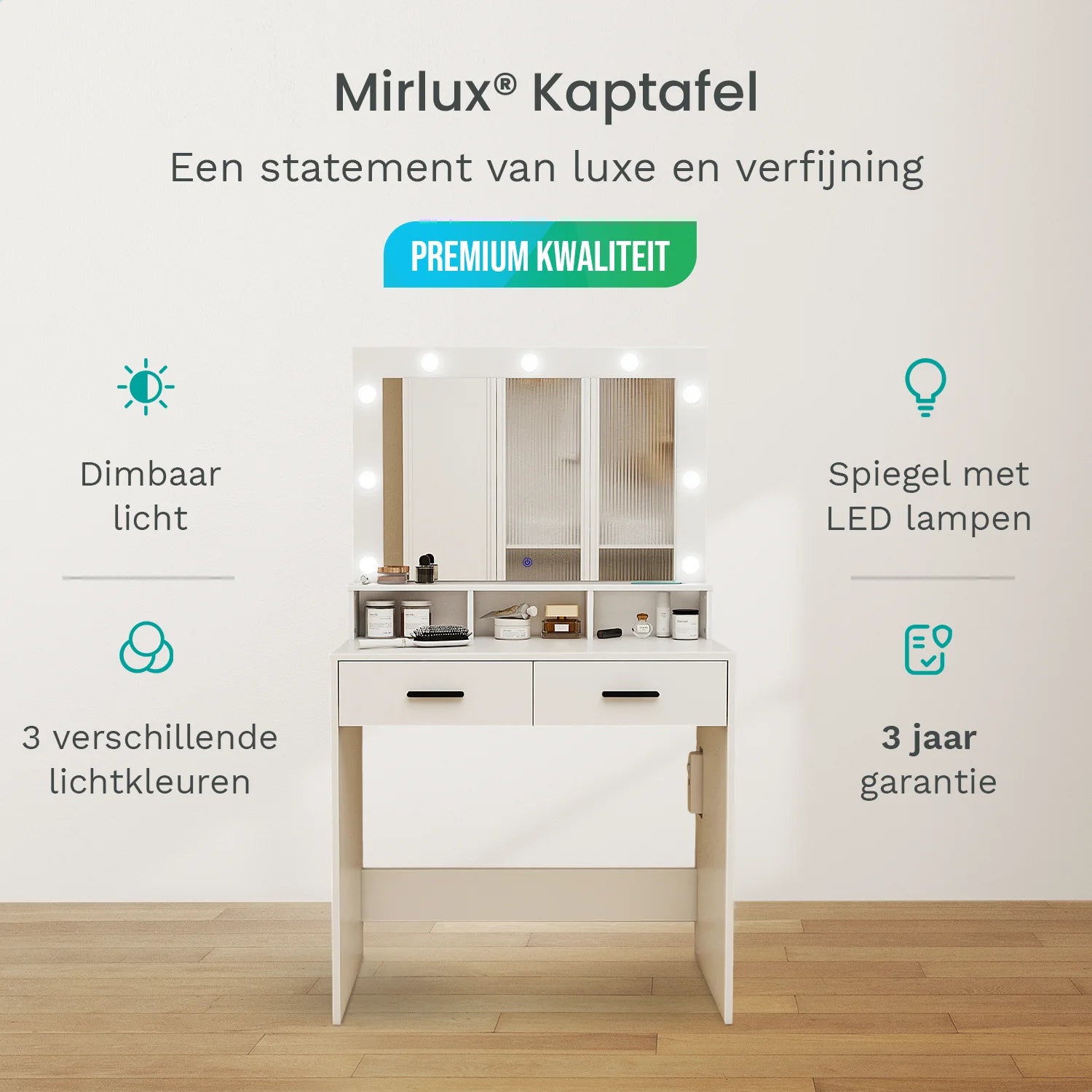 Kaptafel met Spiegel en LED verlichting - 80x40x139.5cm - Wit