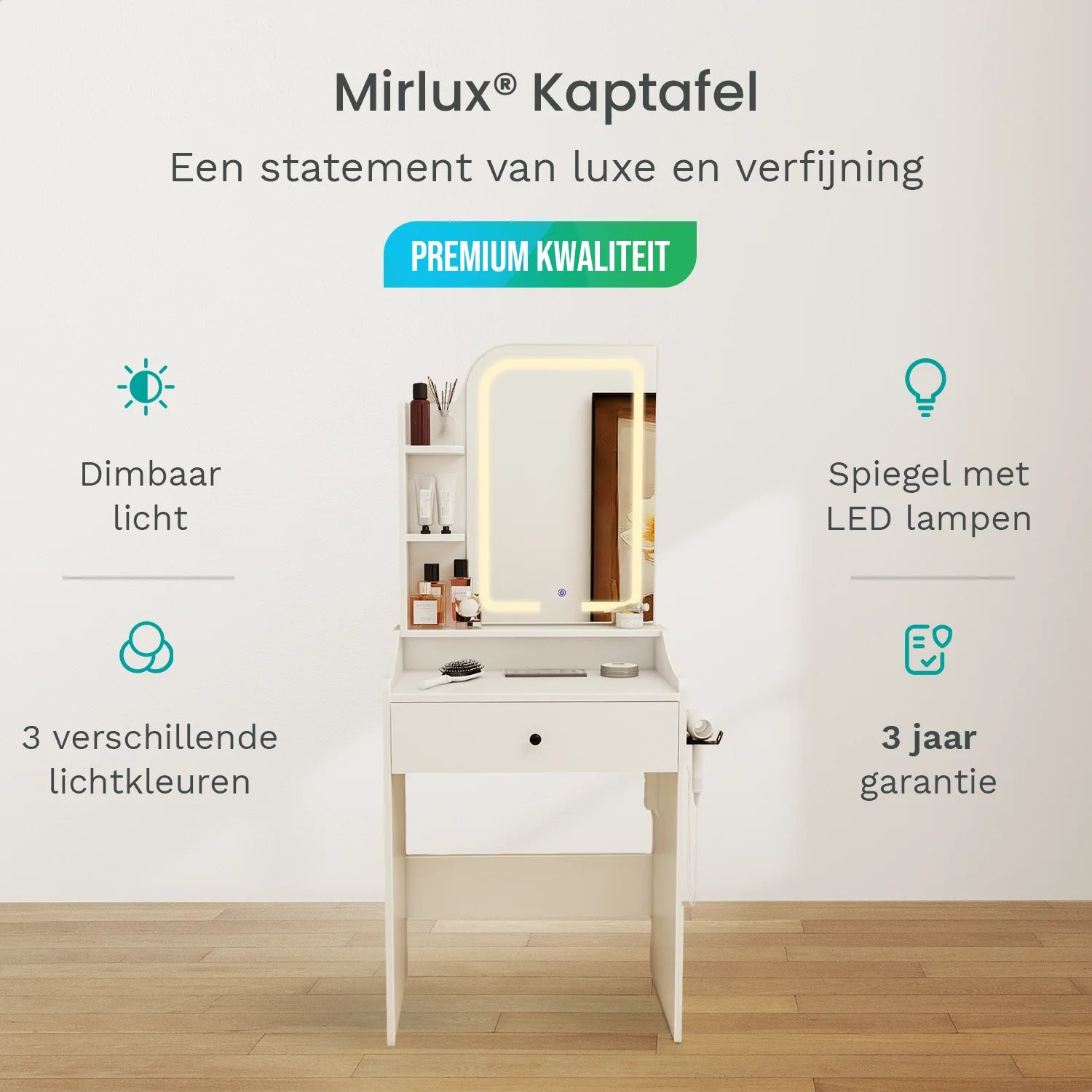 Kaptafel met Spiegel en LED verlichting - 62x39x149.5cm - Wit - Ingebouwde Stopcontact