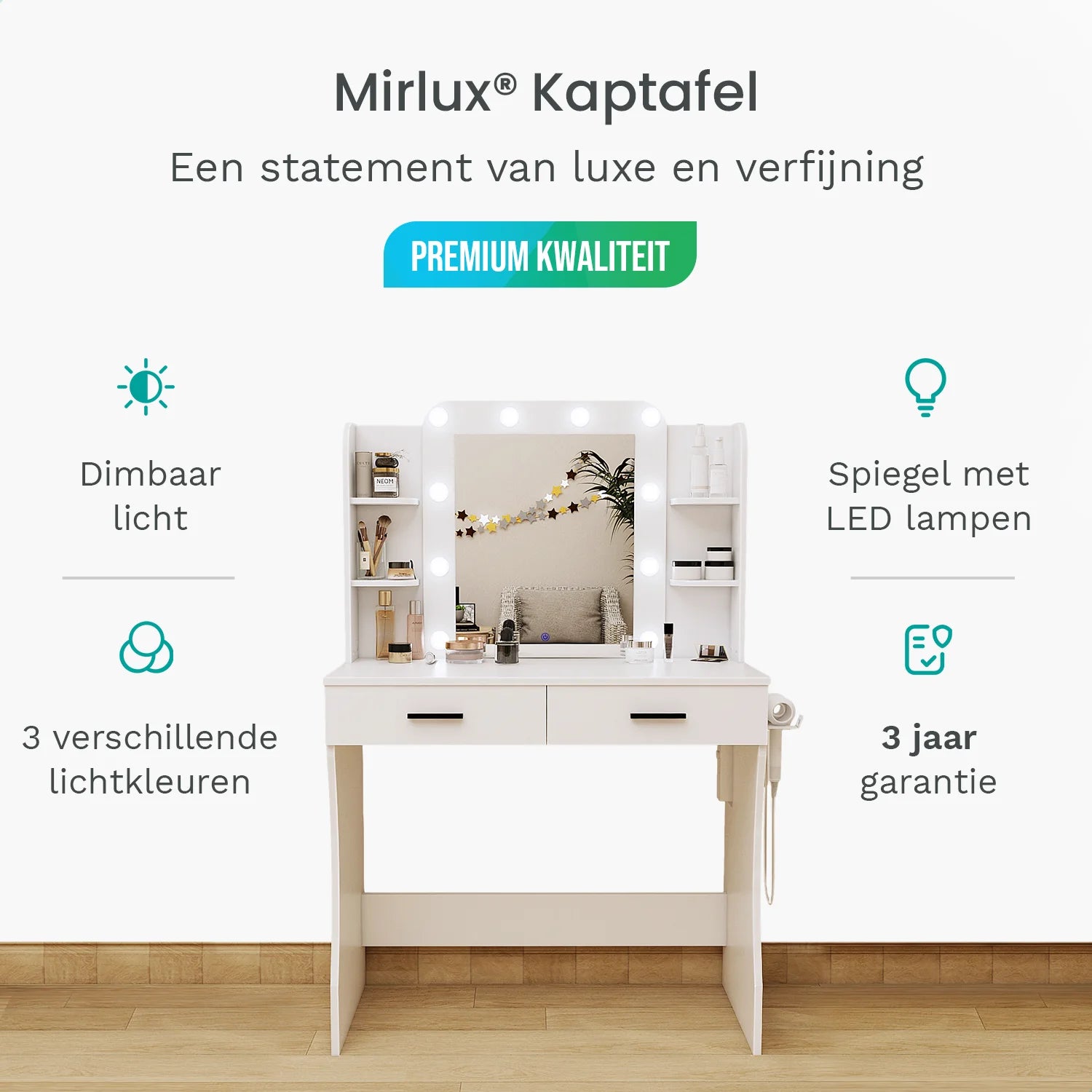 Kaptafel met Spiegel en LED verlichting - 85x40x131cm - Wit - Ingebouwde Stopcontact