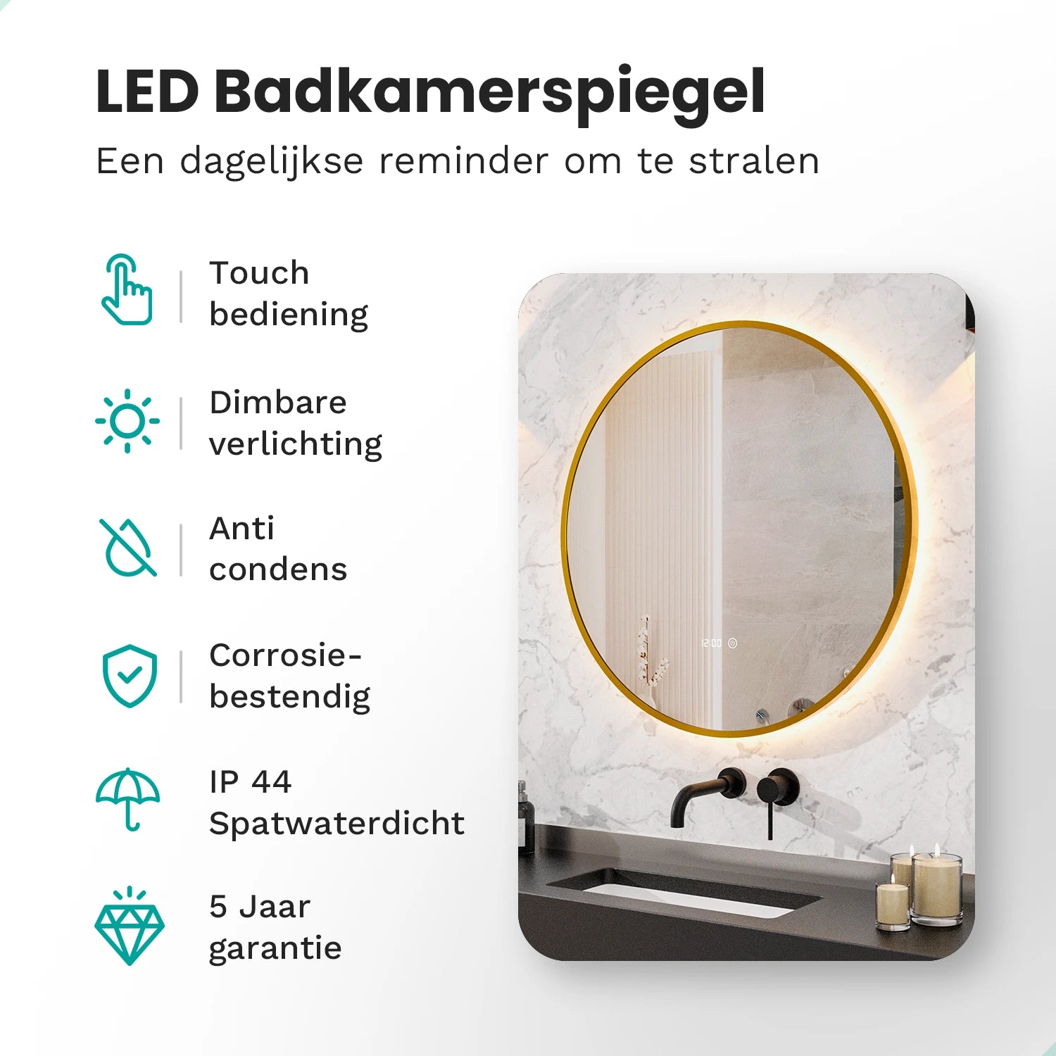 Badkamerspiegel - 80x80cm Rond - Goud Frame
