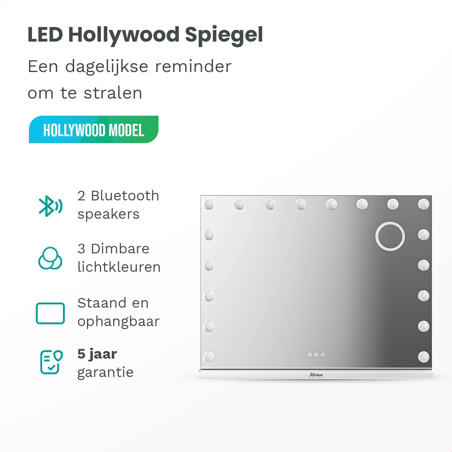 Hollywood Spiegel - Bluetooth Speakers - 80x60cm - Wit