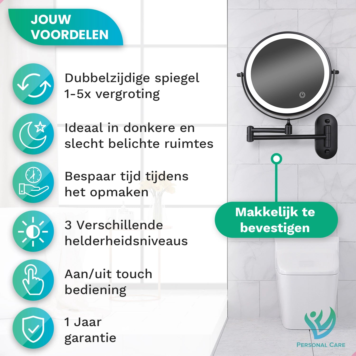 Make-Up Spiegel - Batterij - Zwart - 1-5x Vergroting