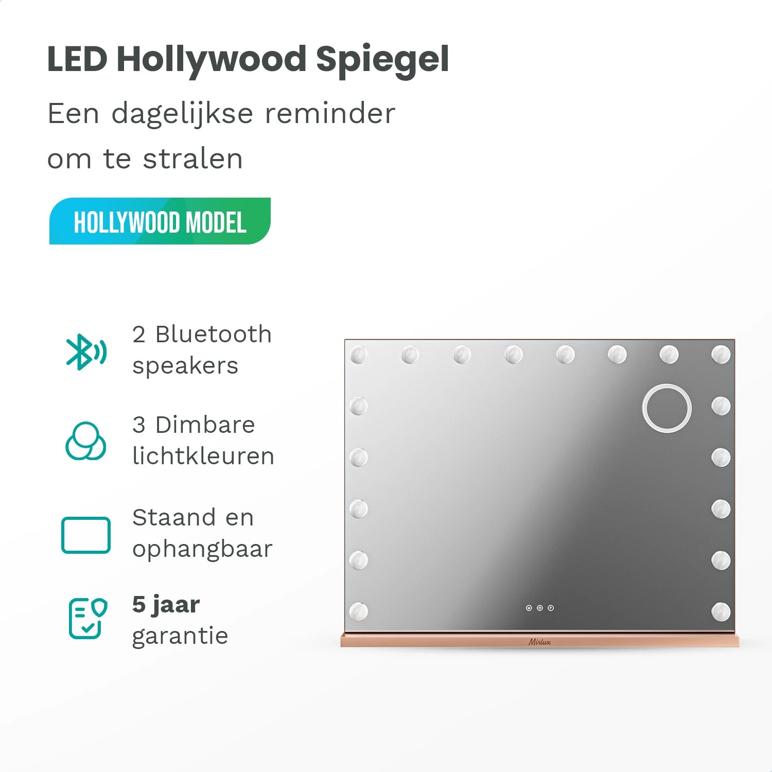 Hollywood Spiegel - Bluetooth Speakers - 80x60cm - Rosé Goud