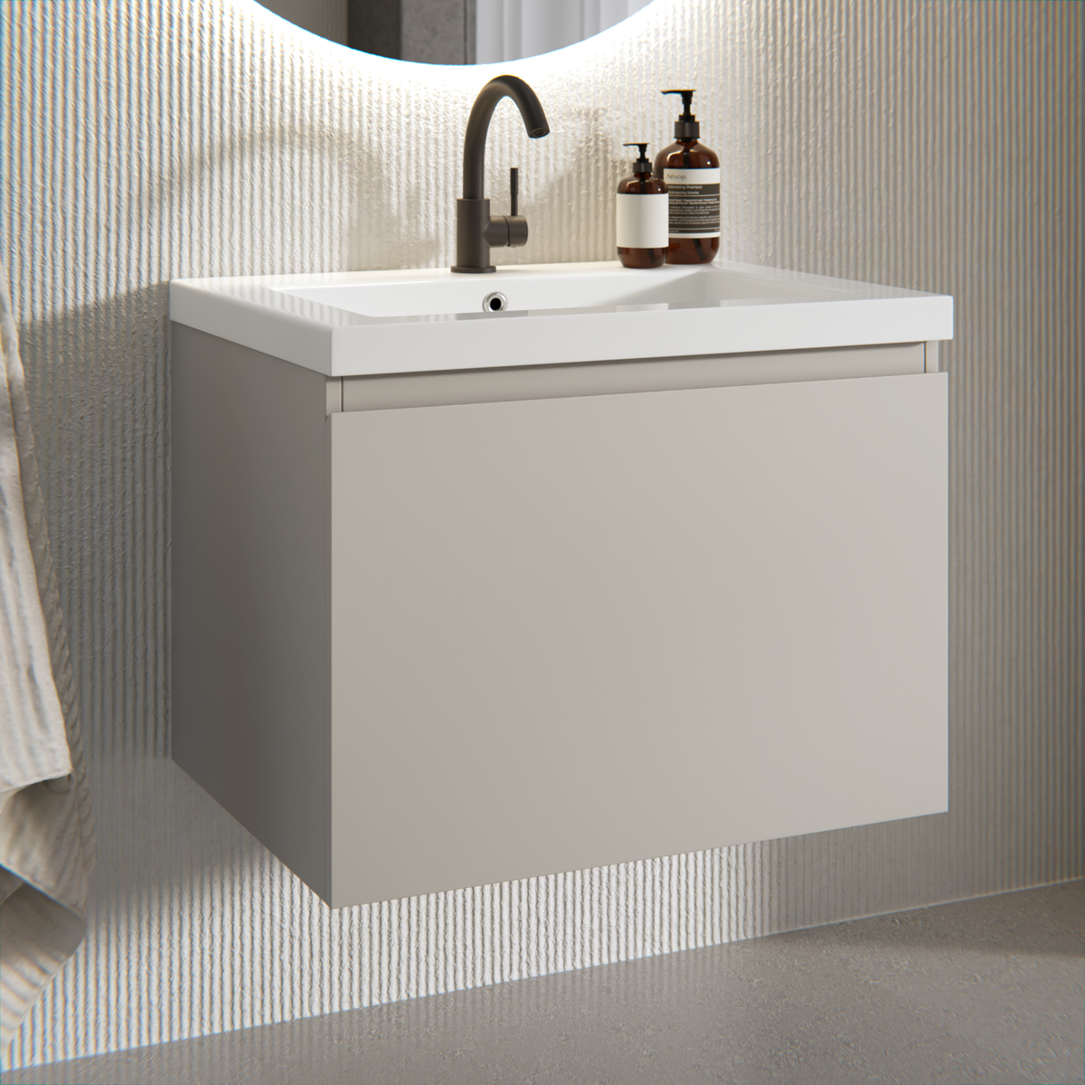 Badkamermeubel set Karo - 60cm - Taupe - Wastafel Wit
