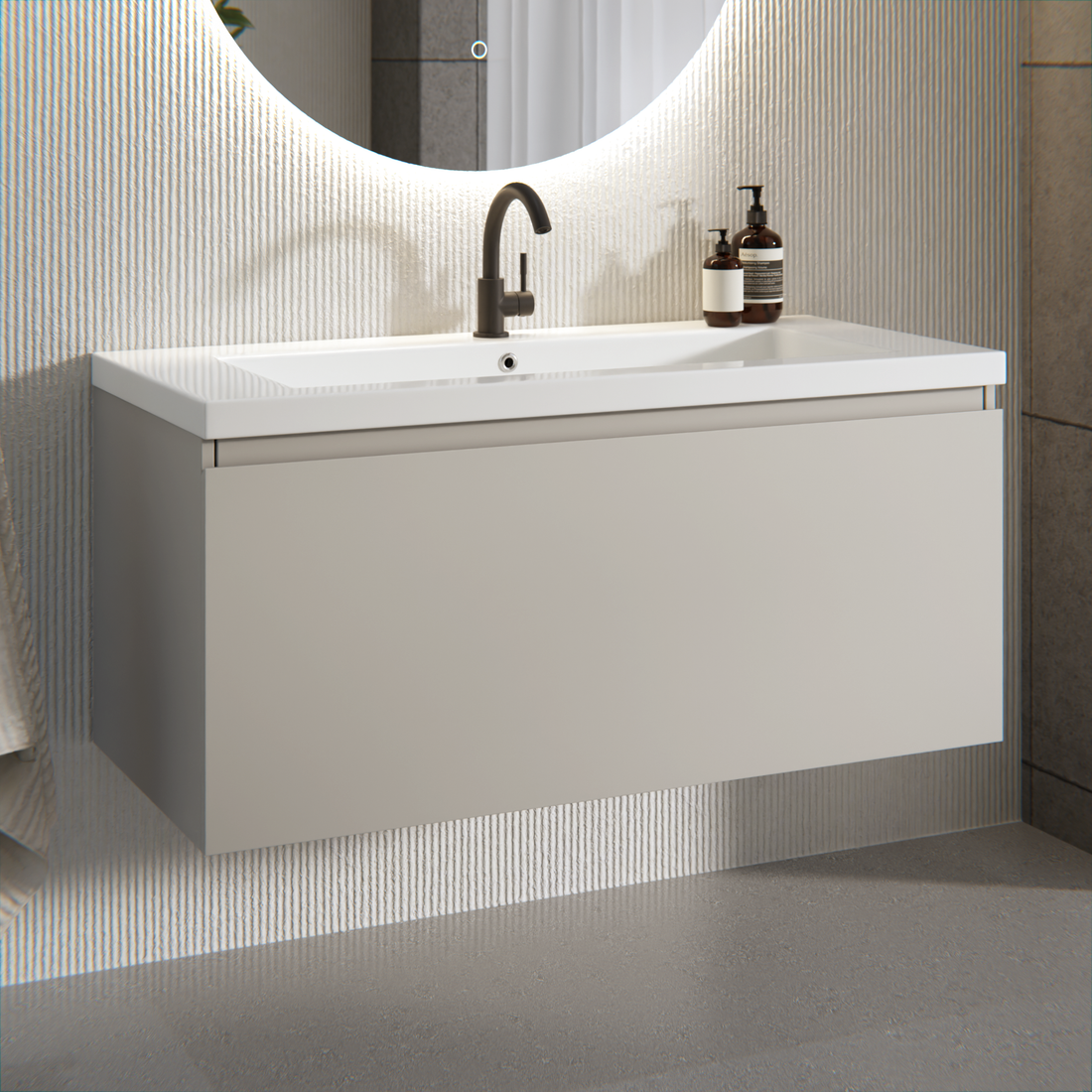Badkamermeubel Indy - 100cm - Taupe - Wastafel Wit