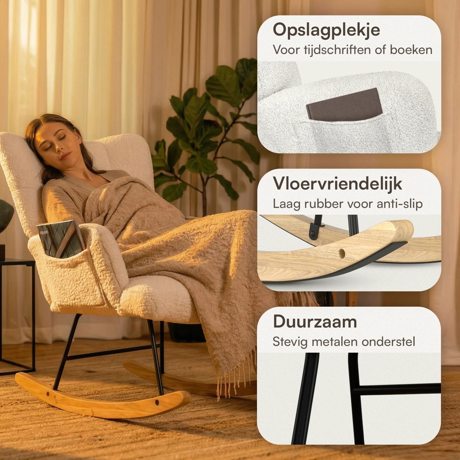 Schommelstoel Teddy Wit - Voedingsstoel Stoel Babykamer - Fauteuil met Armleuning Design