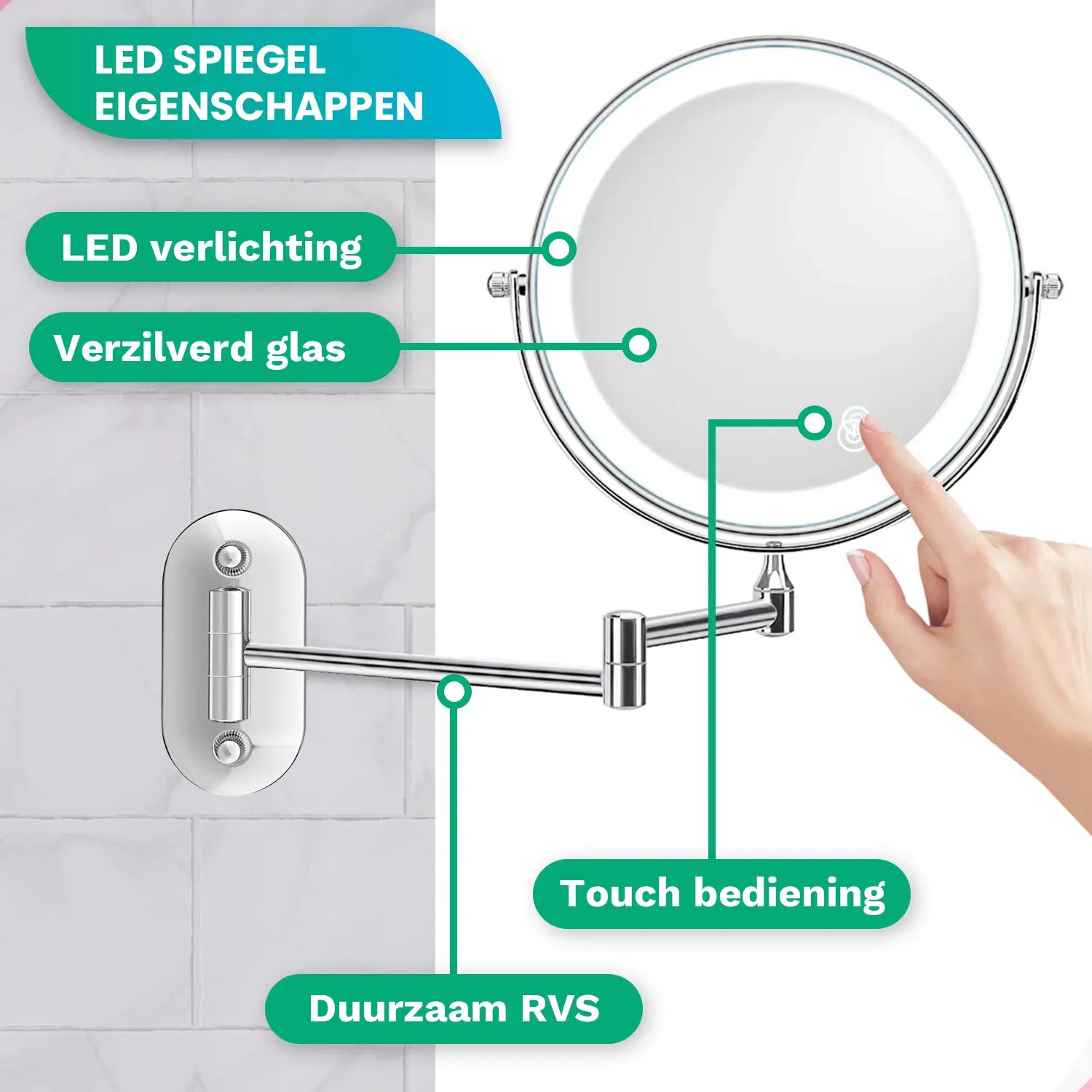 Make-Up Spiegel - Oplaadbaar - Chroom - 1-5x Vergroting